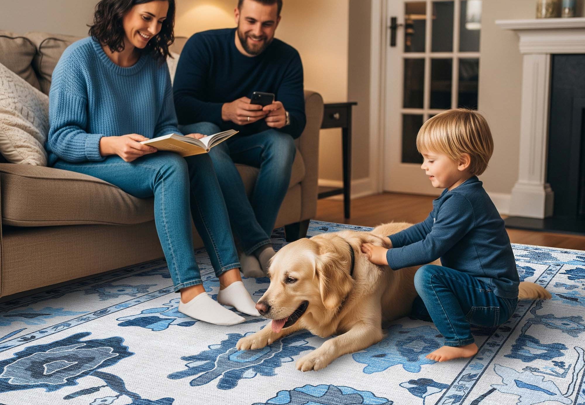 Ellis Navy Blue White Modern Floral Oushak Rug