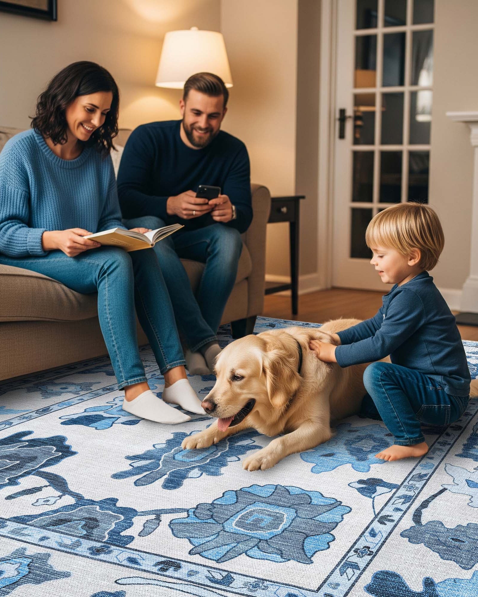 Ellis Navy Blue White Modern Floral Oushak Rug