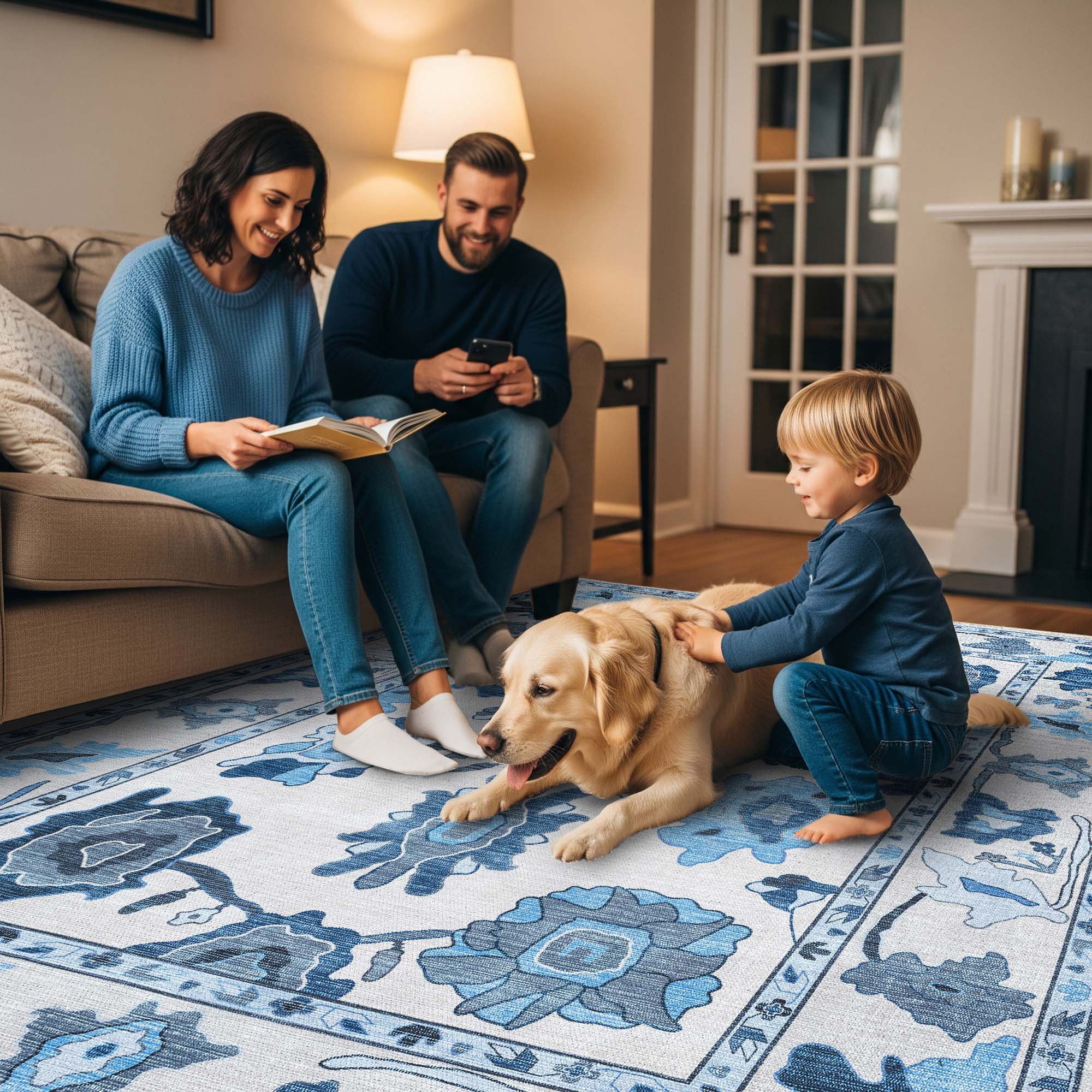 Ellis Navy Blue White Modern Floral Oushak Rug