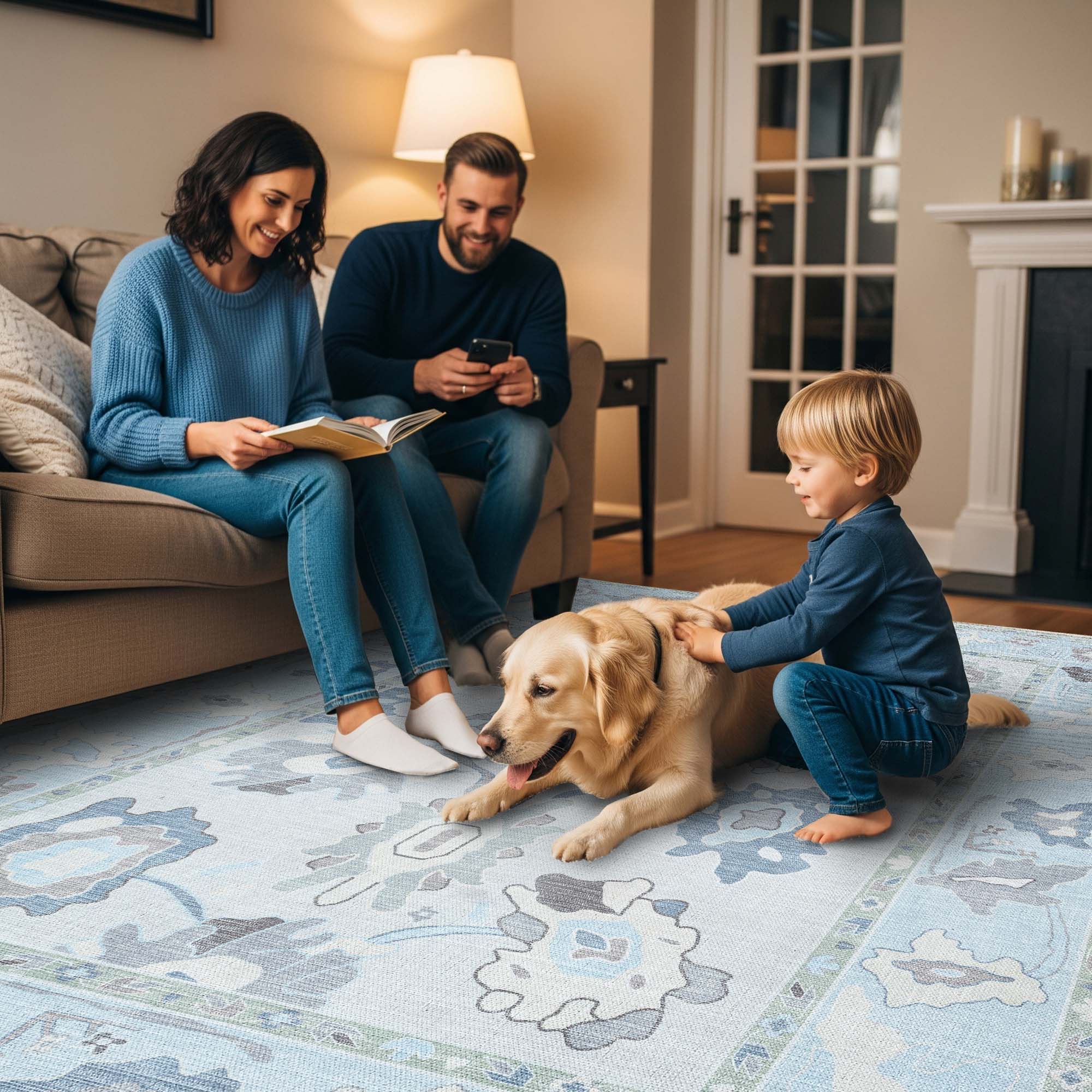 Pamira Cream Blue Floral Modern Oushak Rug