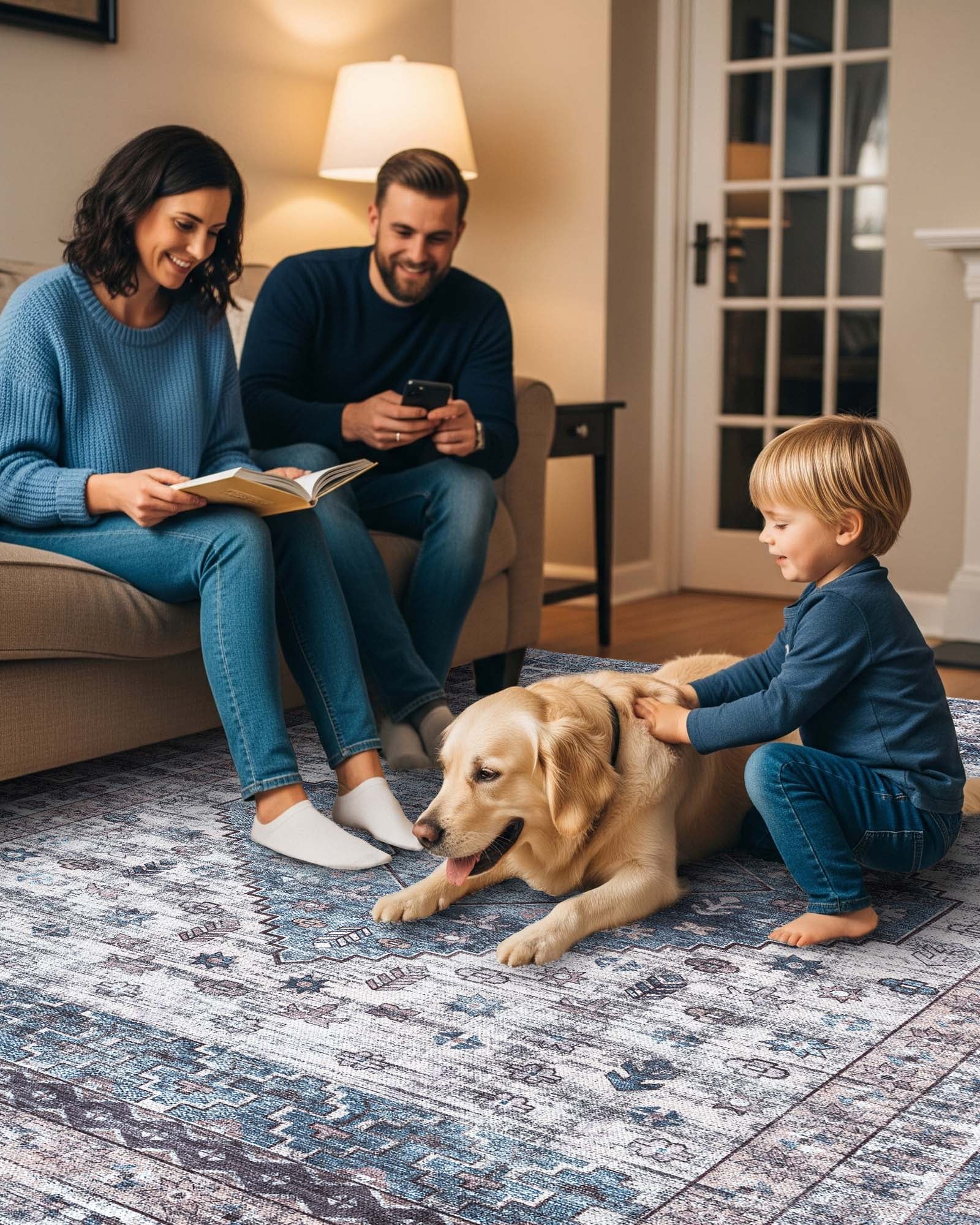 Emerson Navy Cream Modern Distressed Persian Rug