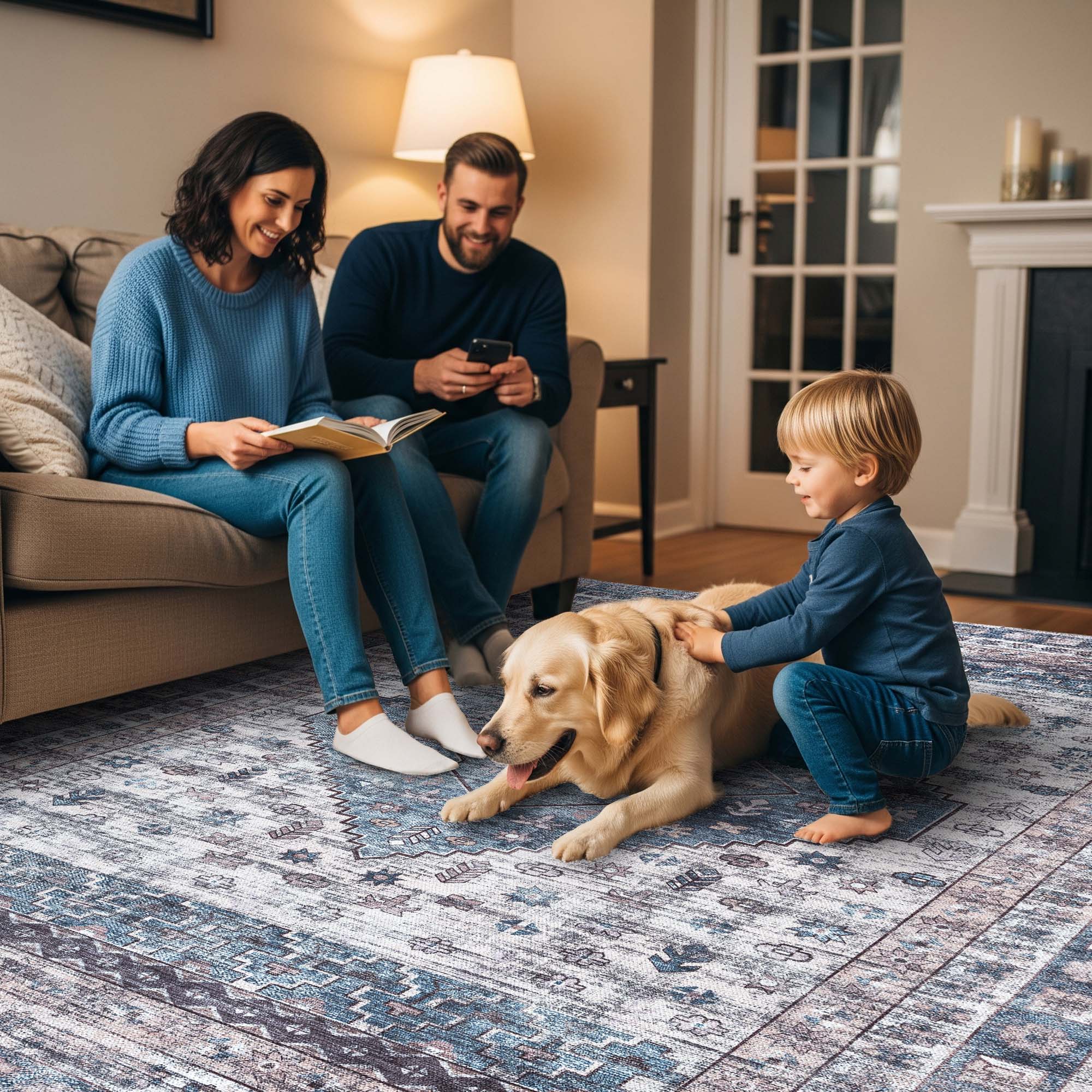 Emerson Navy Cream Modern Distressed Persian Rug