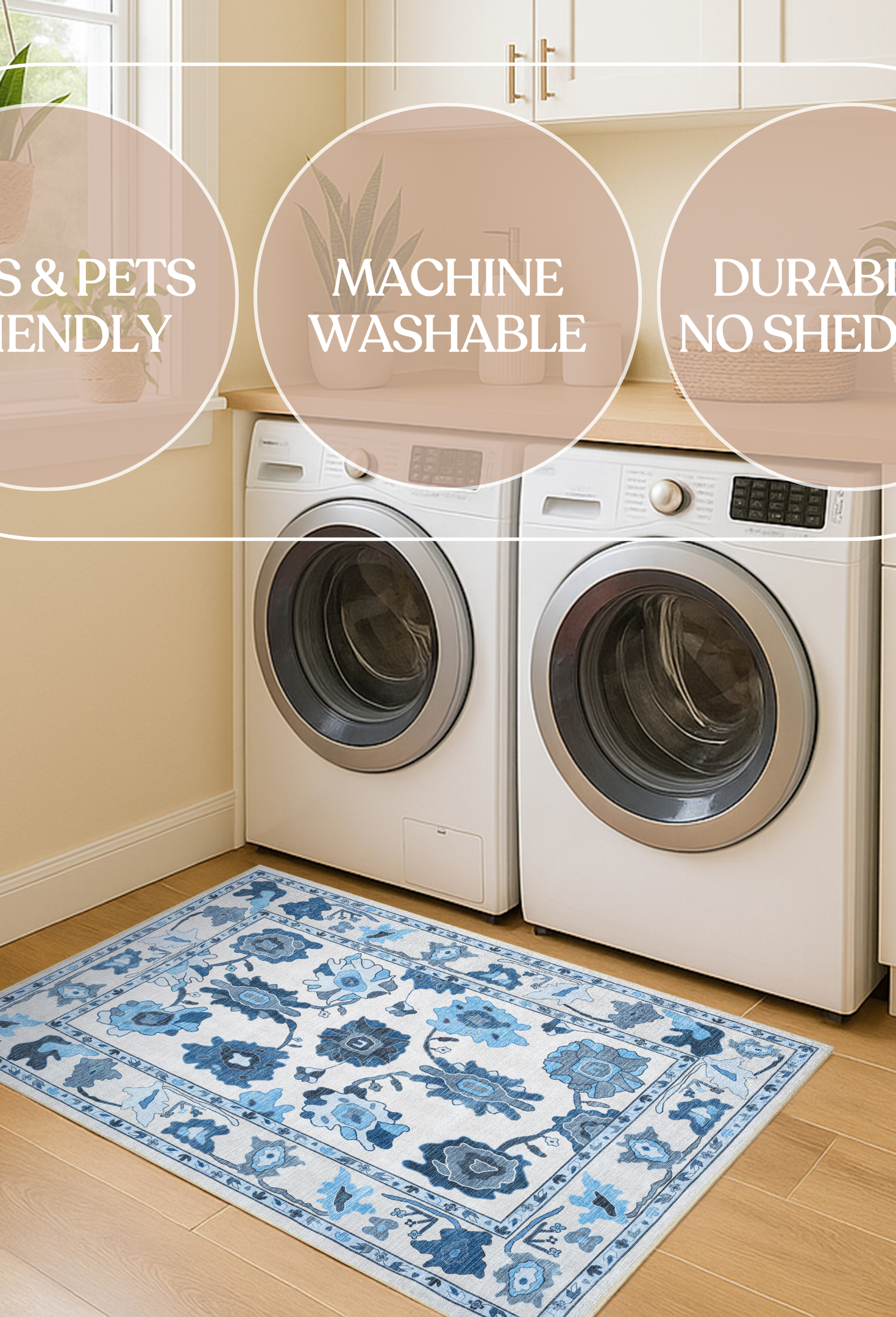 Ellis Navy Blue White Modern Floral Oushak Rug