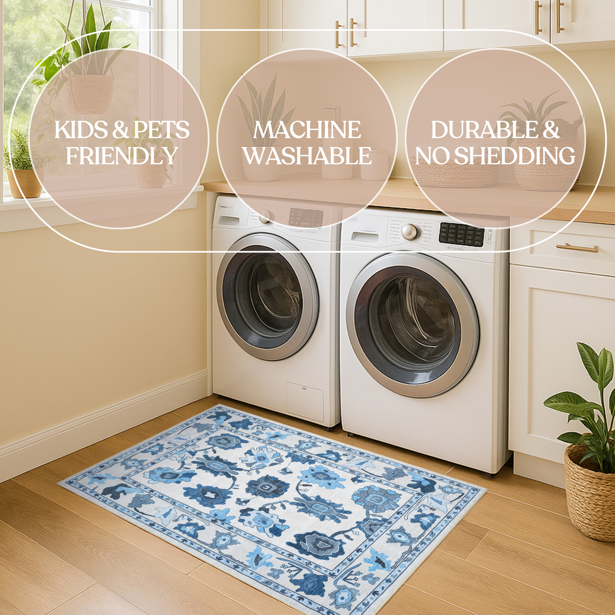 Ellis Navy Blue White Modern Floral Oushak Rug