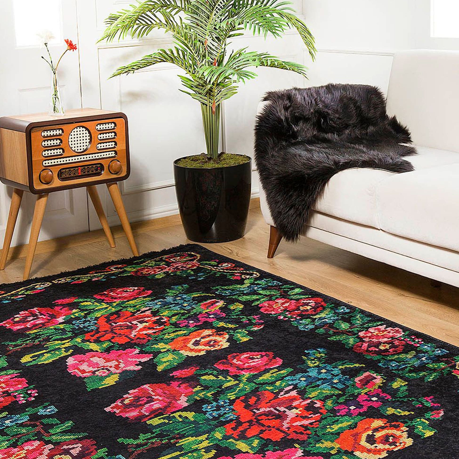 Floria Rose Black Karabagh Kilim Rug
