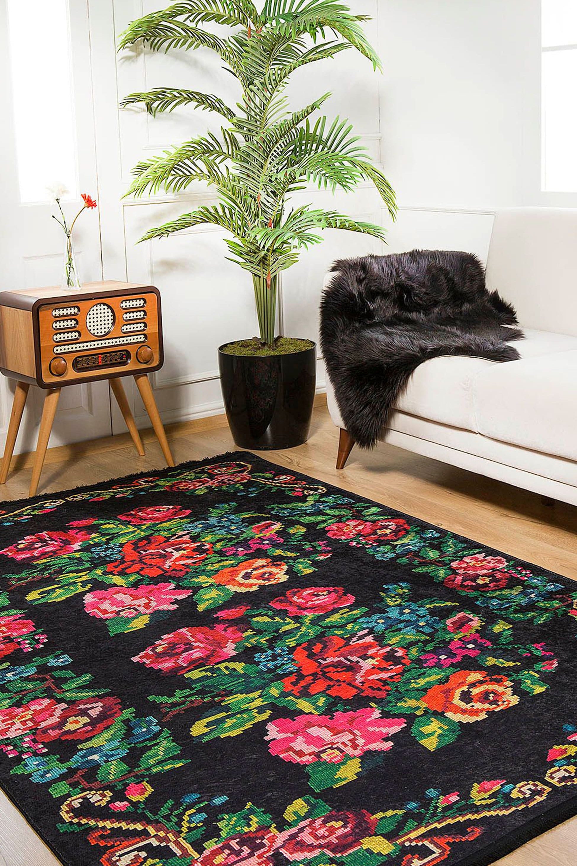 Floria Rose Black Karabagh Kilim Rug