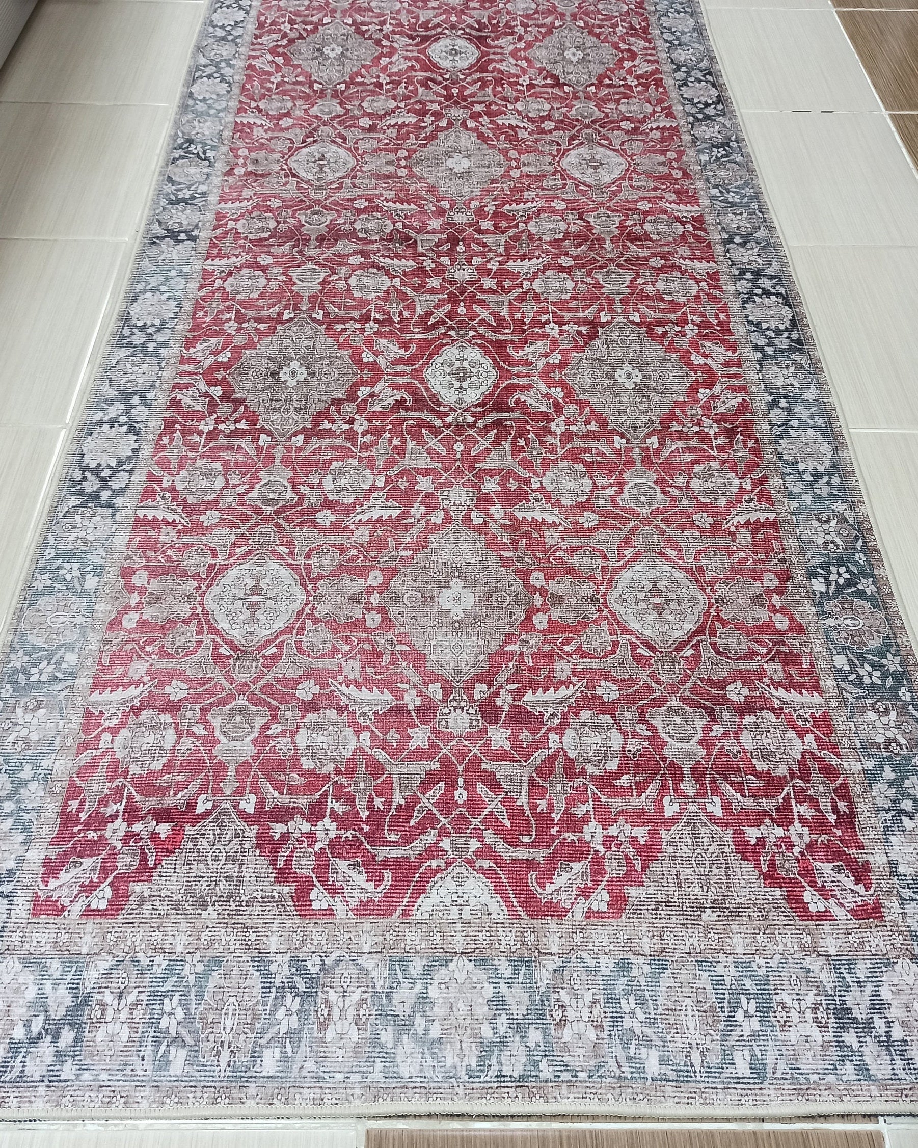 Gobekli Runner Turkish Faded Claret Red Beige teal Runner