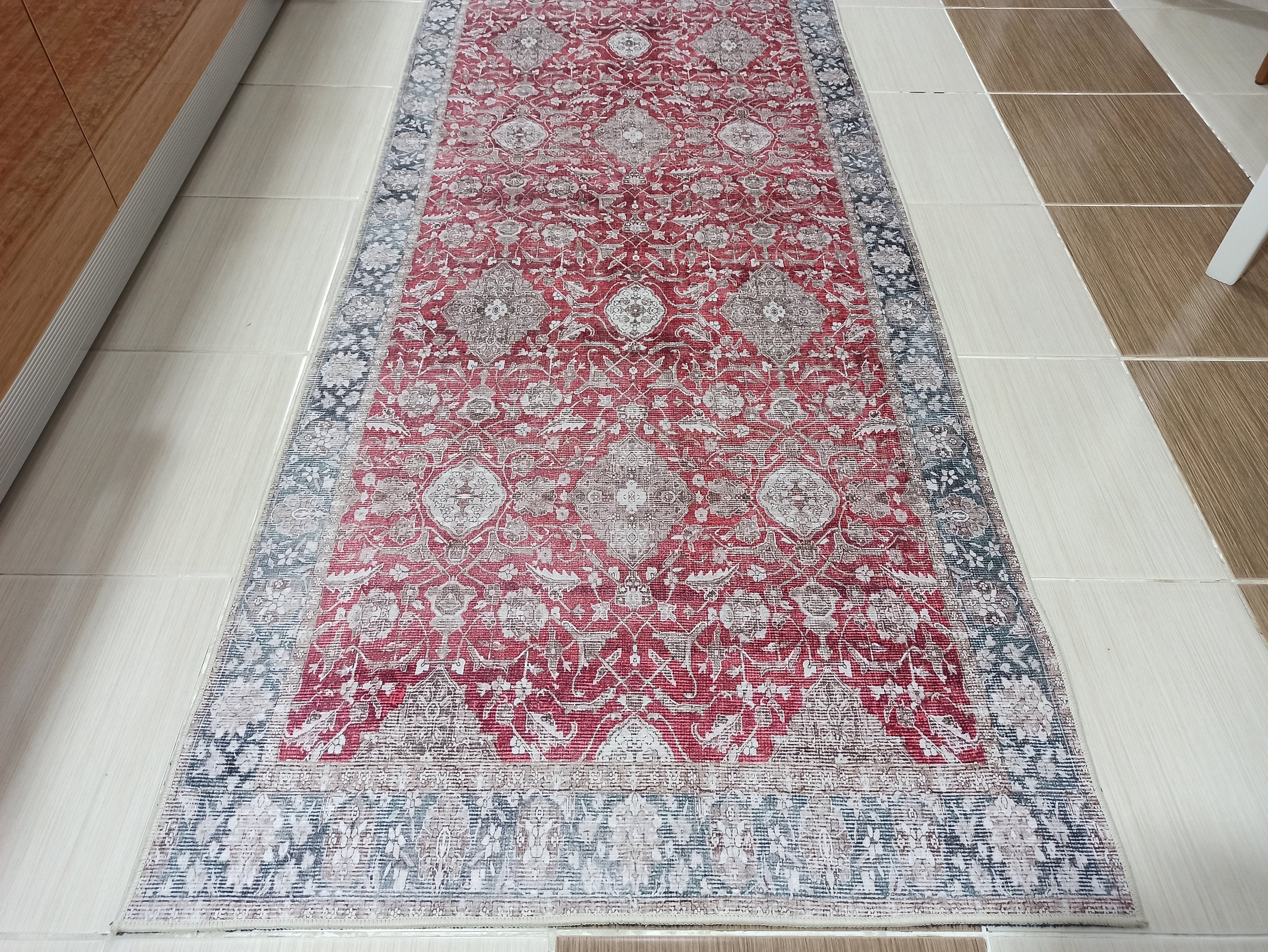 Gobekli Runner Turkish Faded Claret Red Beige teal Runner