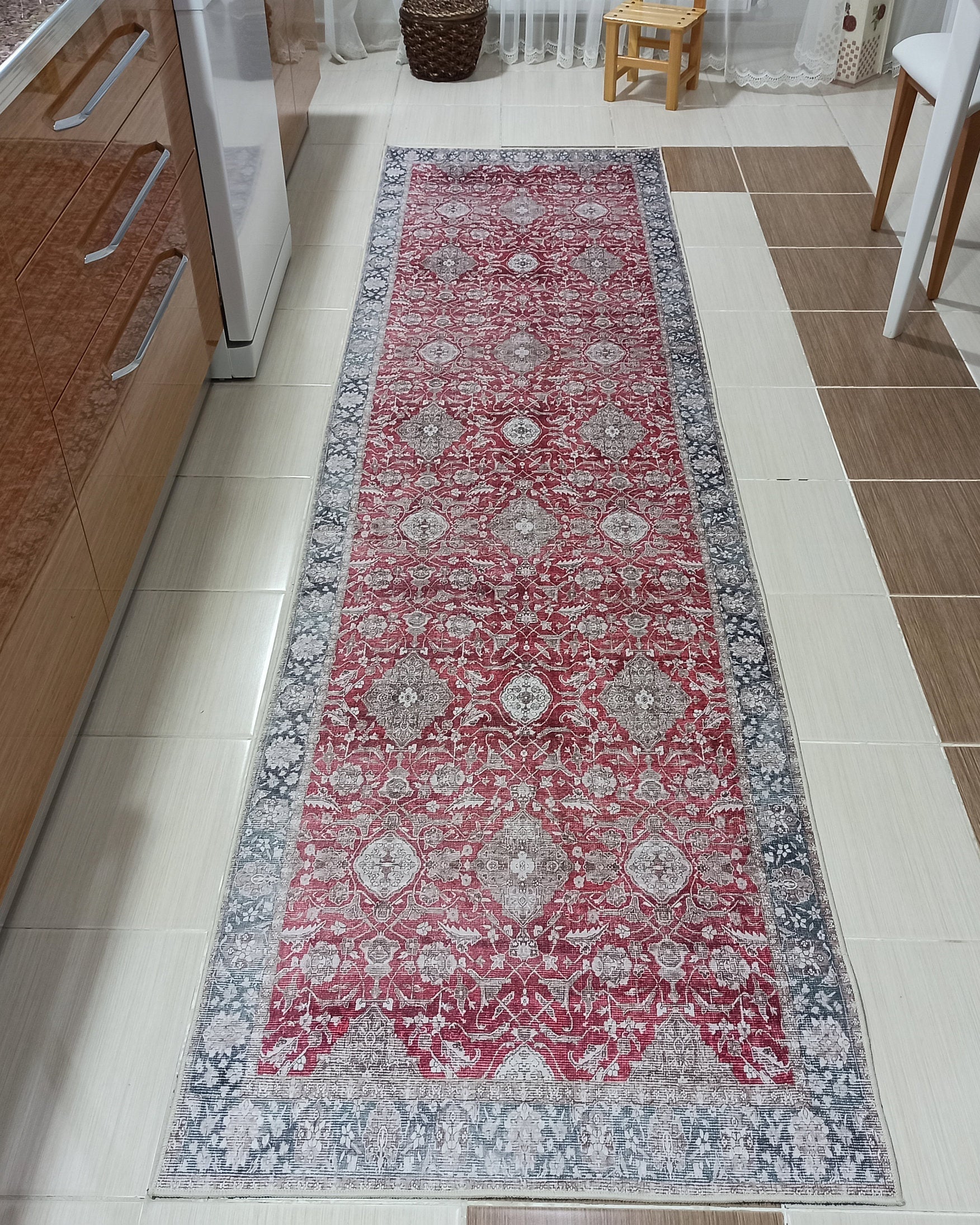 Gobekli Runner Turkish Faded Claret Red Beige teal Runner