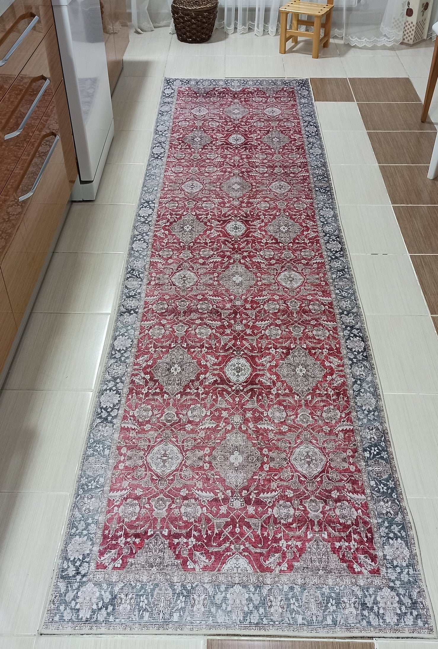 Gobekli Runner Turkish Faded Claret Red Beige teal Runner