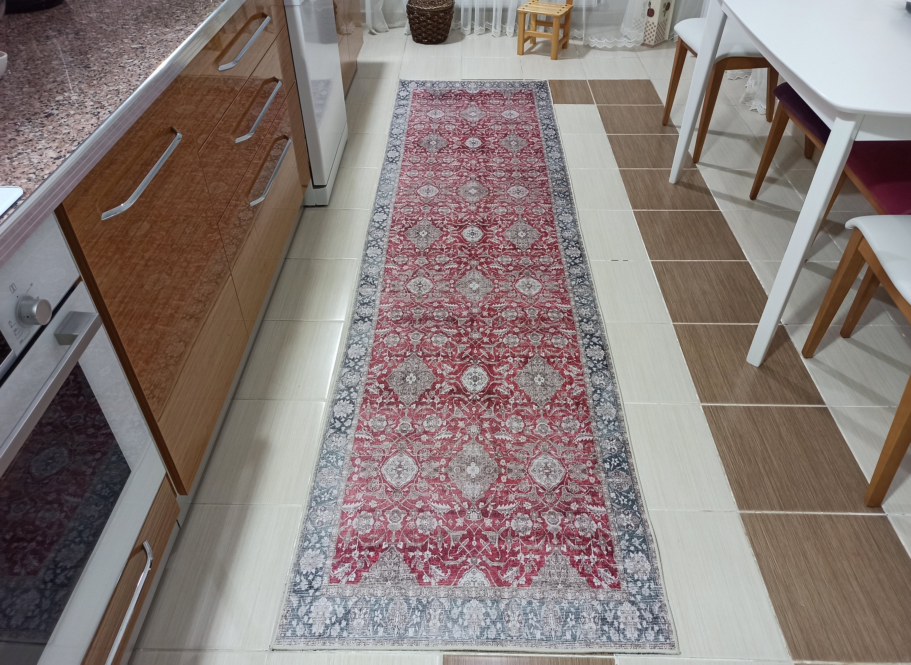 Gobekli Runner Turkish Faded Claret Red Beige teal Runner