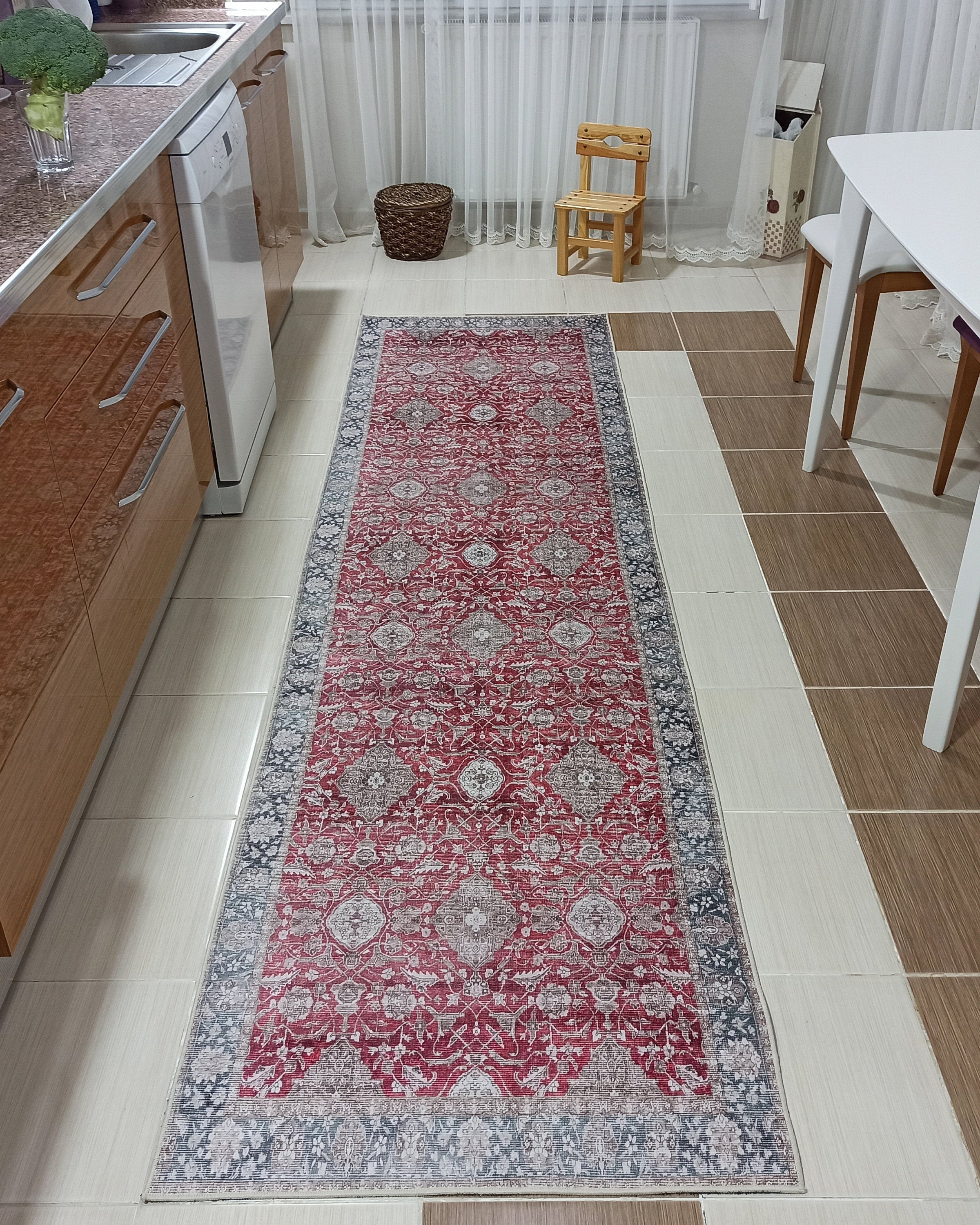 Gobekli Runner Turkish Faded Claret Red Beige teal Runner