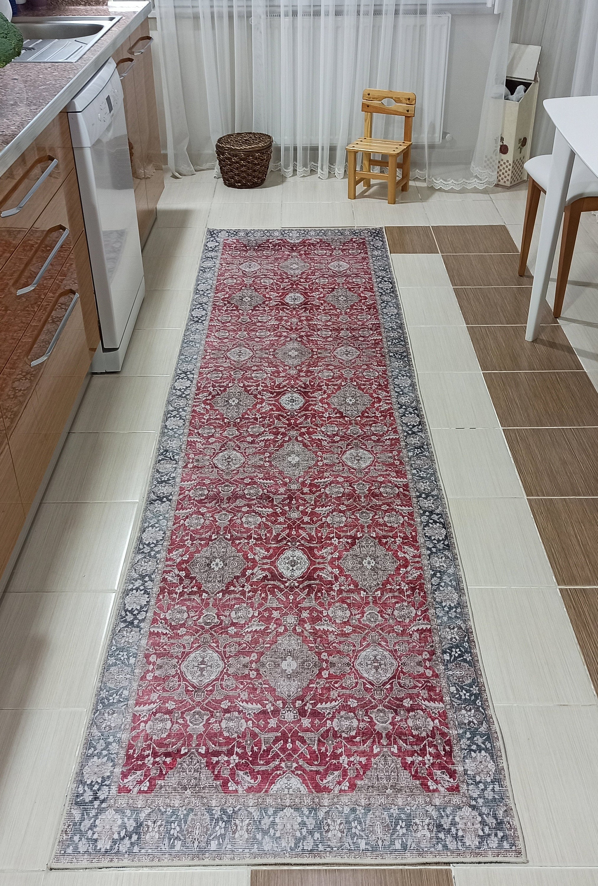 Gobekli Runner Turkish Faded Claret Red Beige teal Runner