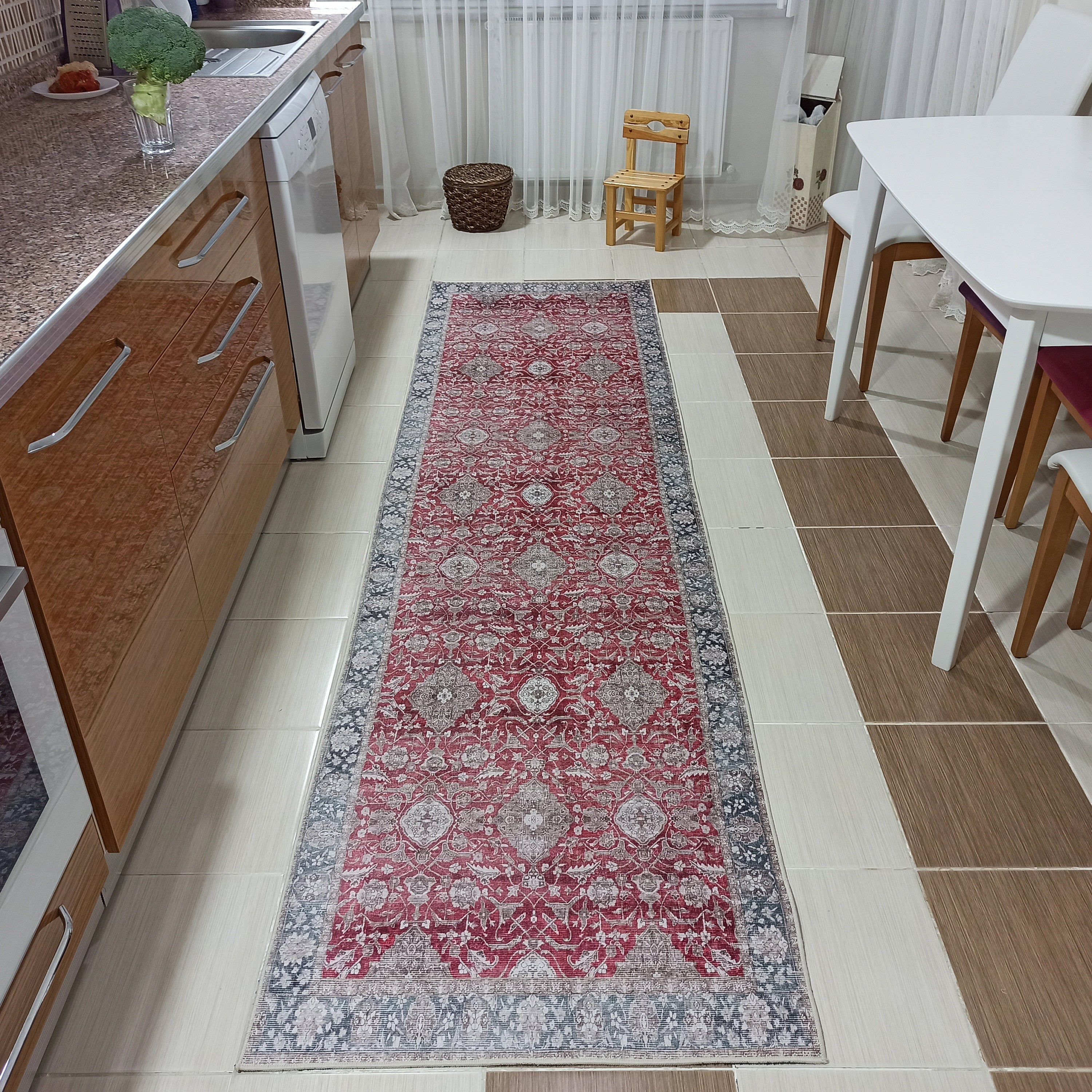 Gobekli Runner Turkish Faded Claret Red Beige teal Runner