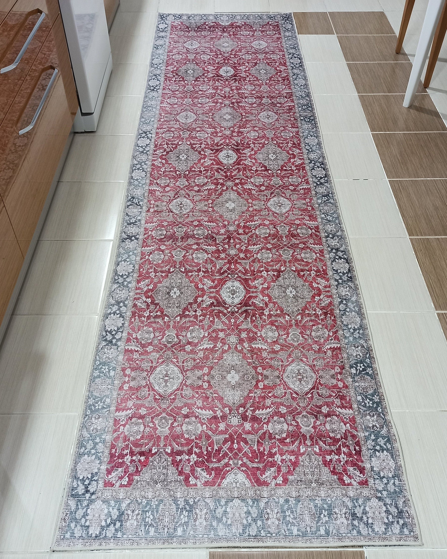 Gobekli Runner Turkish Faded Claret Red Beige teal Runner