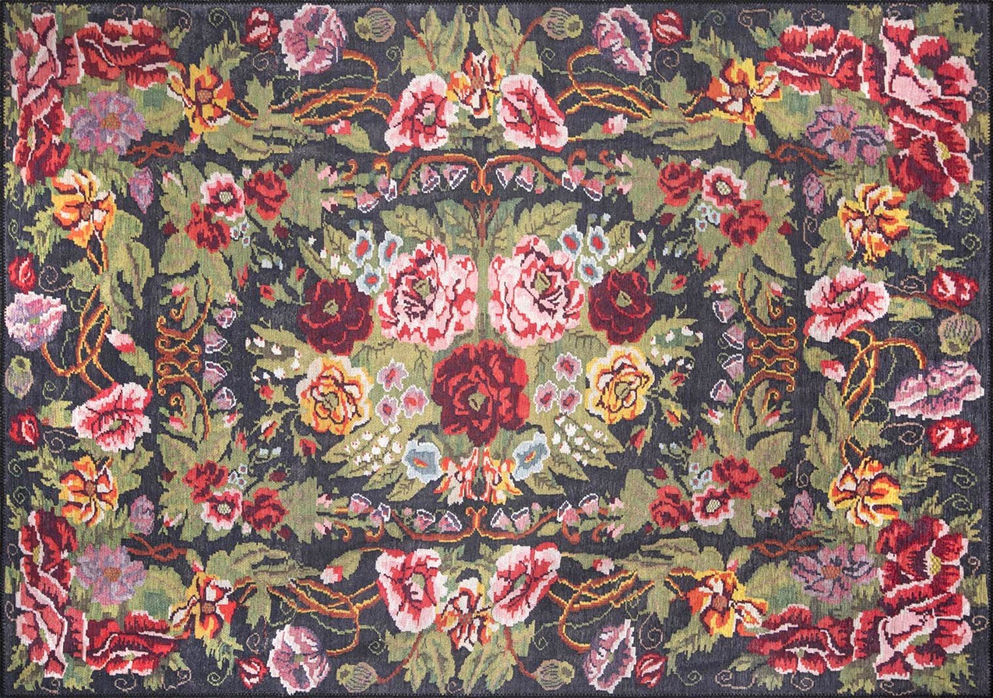 Gul Turkish Floral Red Pink Green Rug