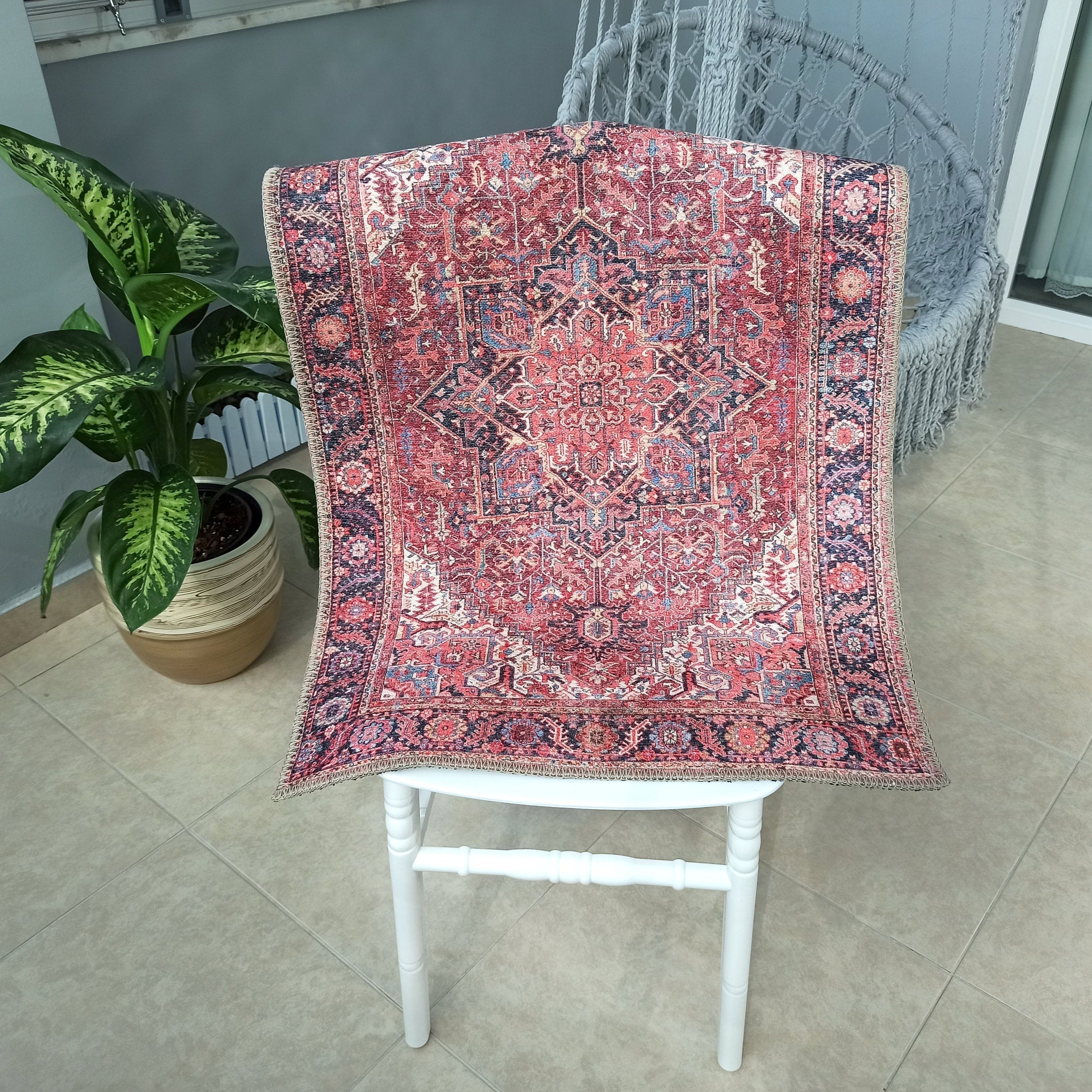 Hana Rug Persian Central Medallion Burgundy Claret Red Pink Rug