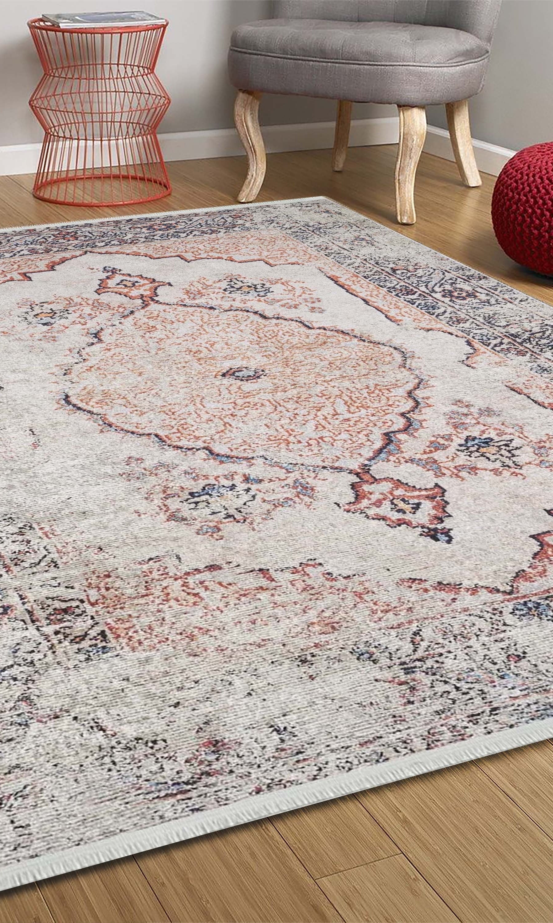 Hind Turkish Distressed Beige Orange Blush Rug