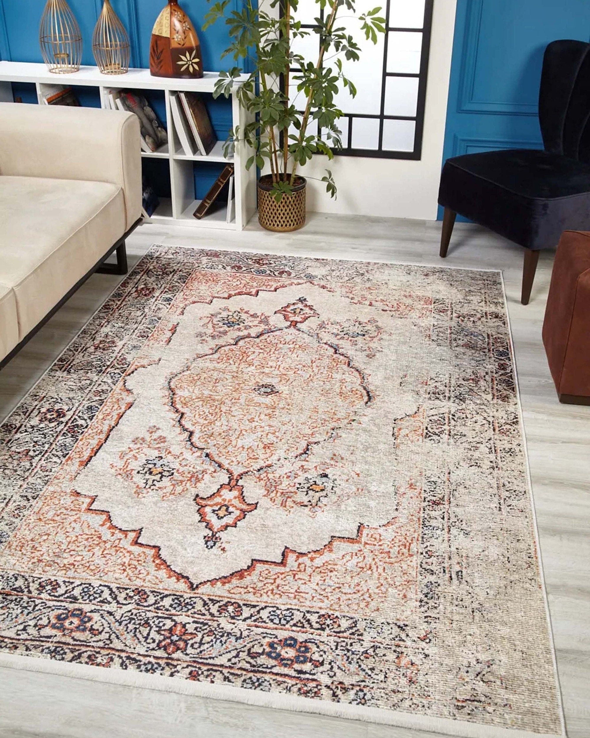 Hind Turkish Distressed Beige Orange Blush Rug