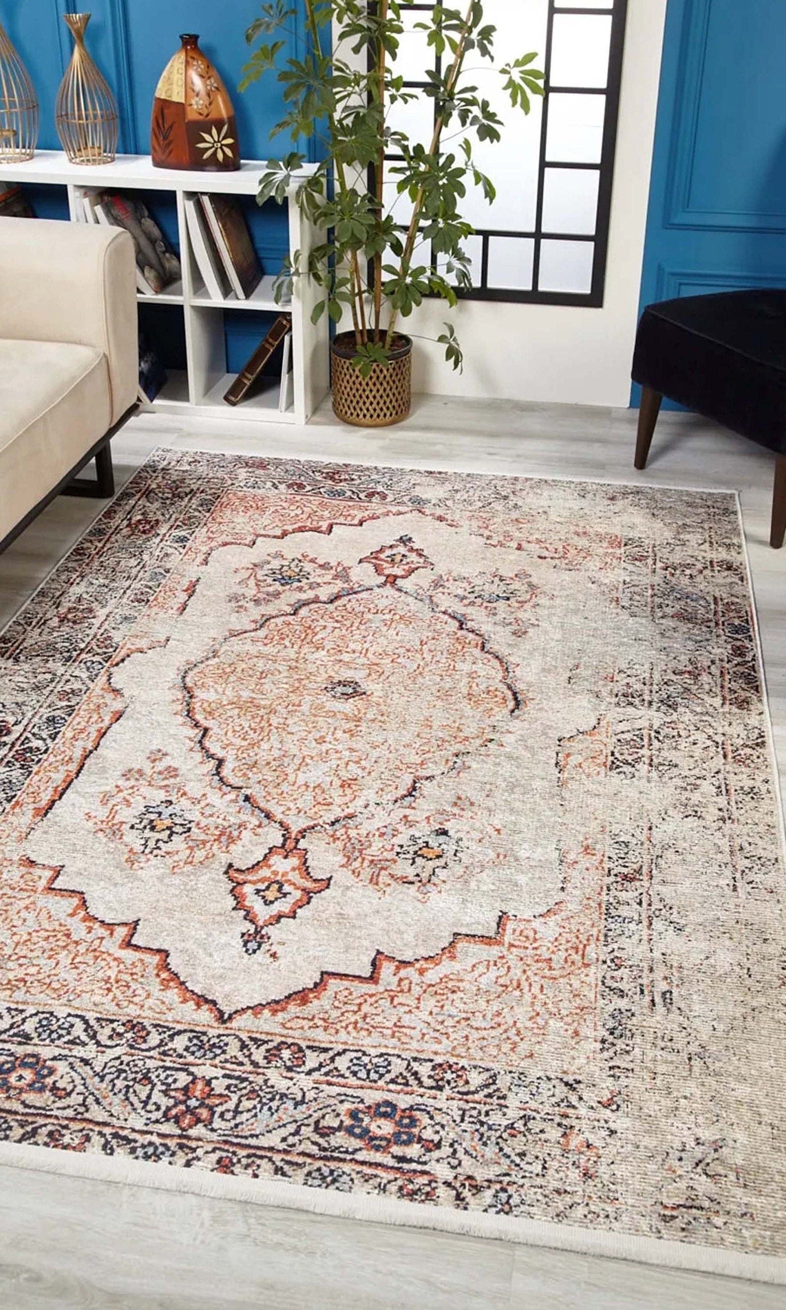 Hind Turkish Distressed Beige Orange Blush Rug