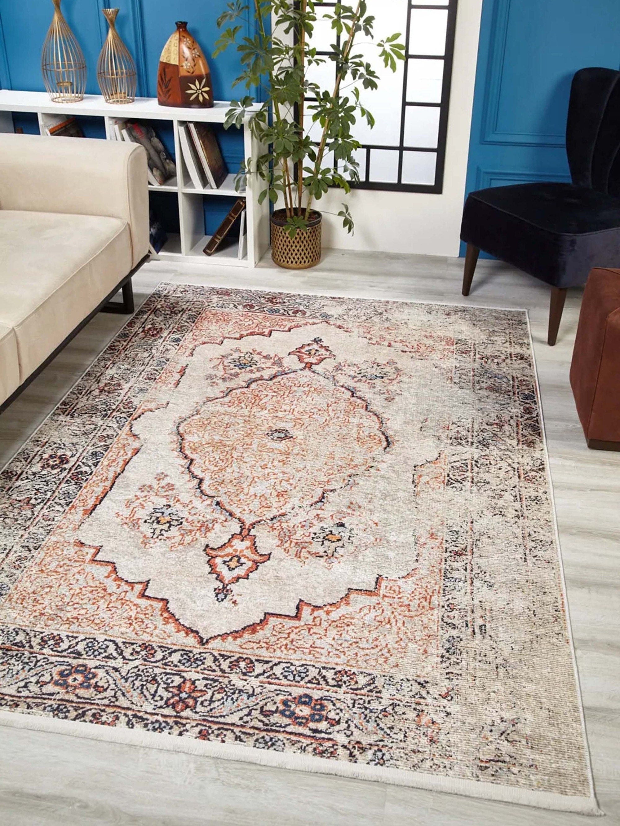 Hind Turkish Distressed Beige Orange Blush Rug