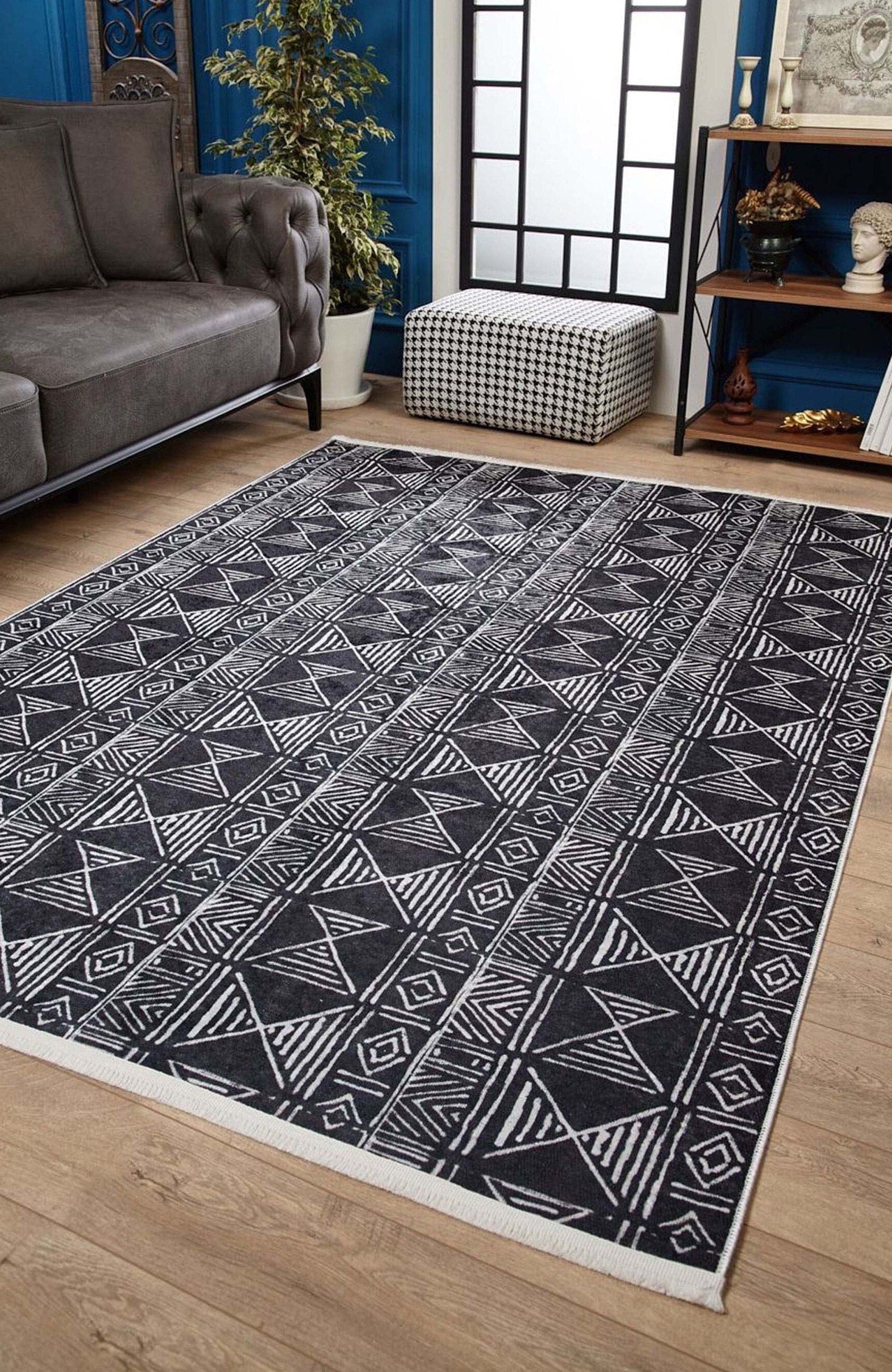 Hoda Geometric Turkish Neutral Gray Black Rug