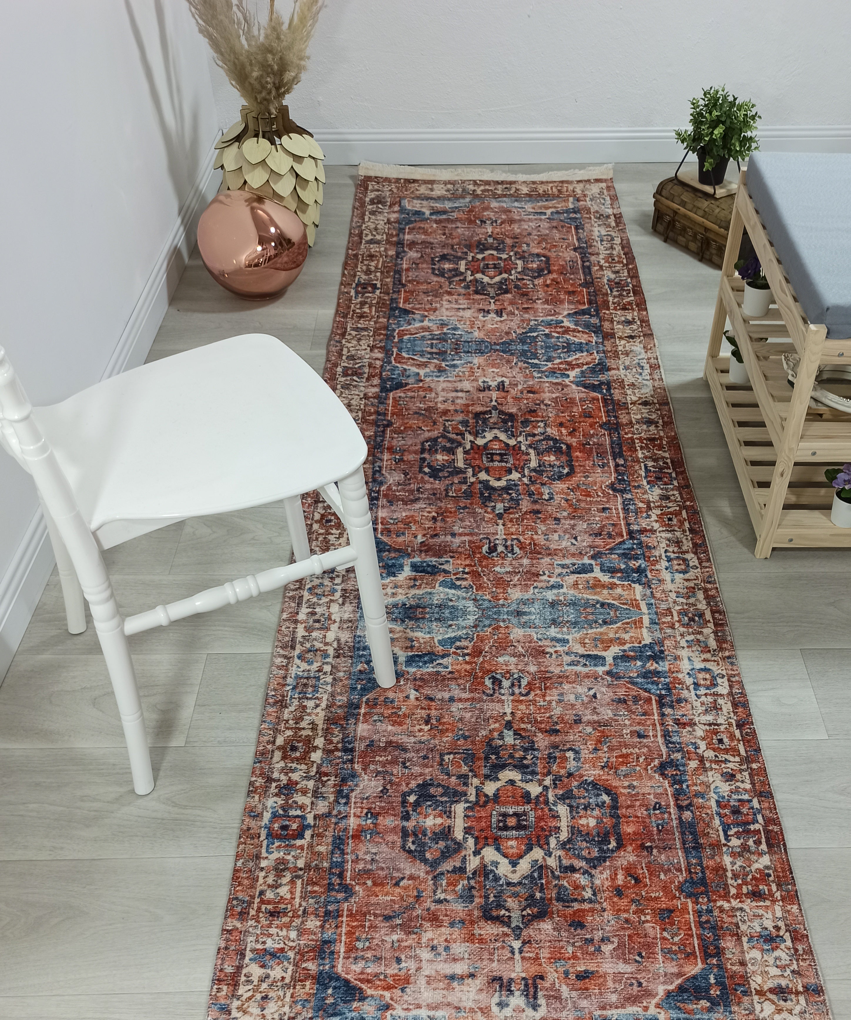 Sema Turkish Vintage Medallion Style Orange Navy Blue Rug