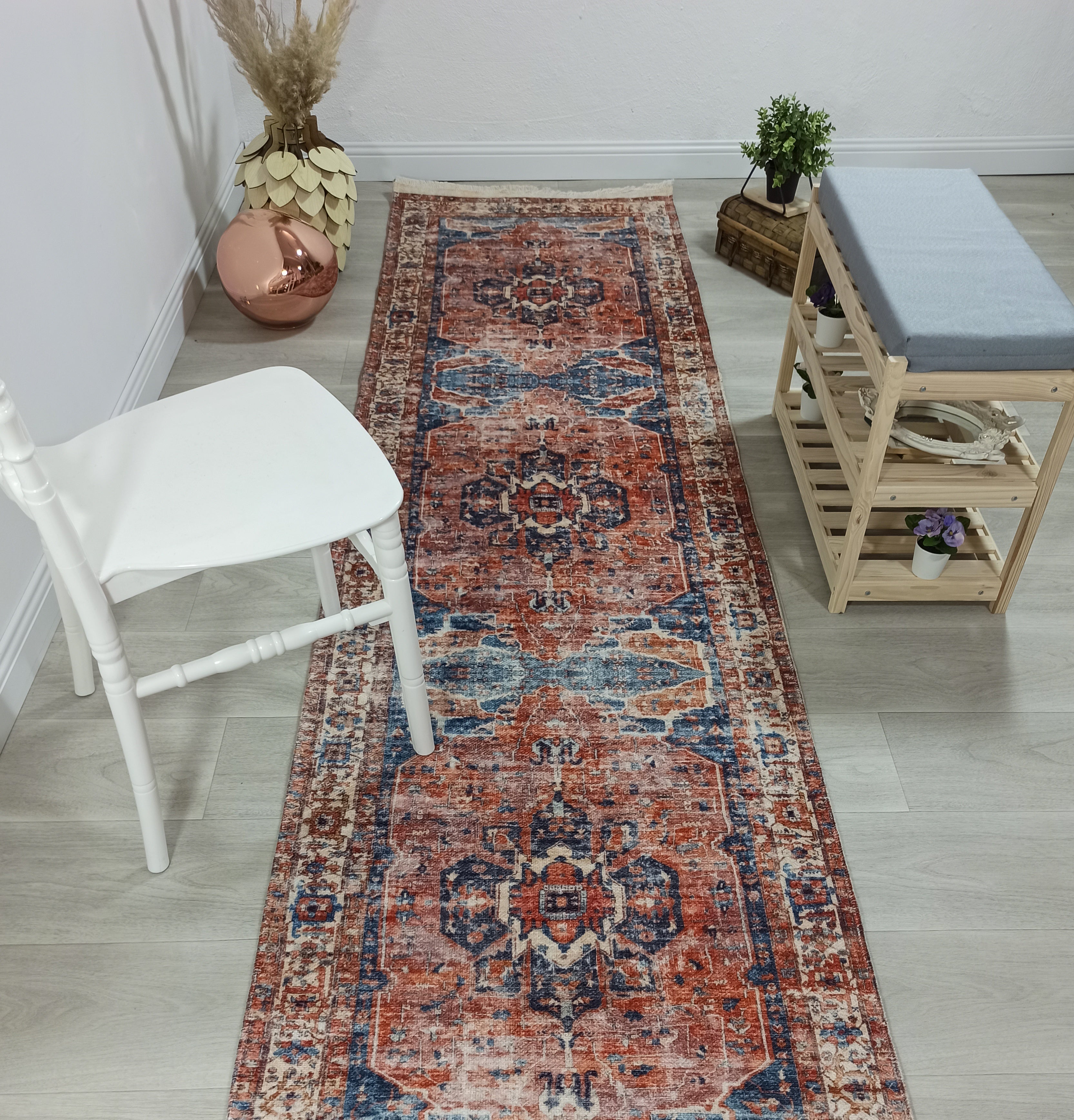Sema Turkish Vintage Medallion Style Orange Navy Blue Rug