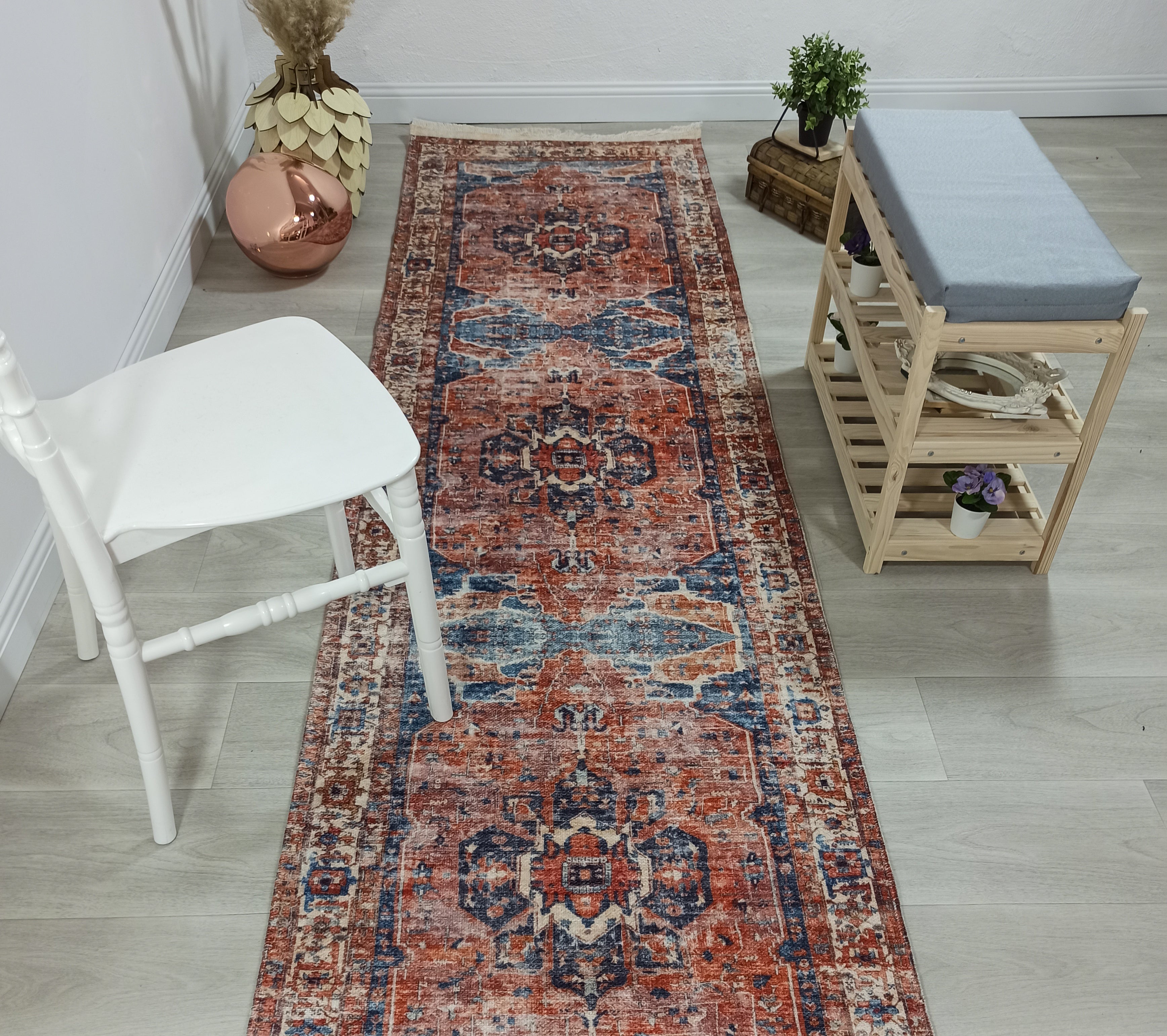 Sema Turkish Vintage Medallion Style Orange Navy Blue Rug