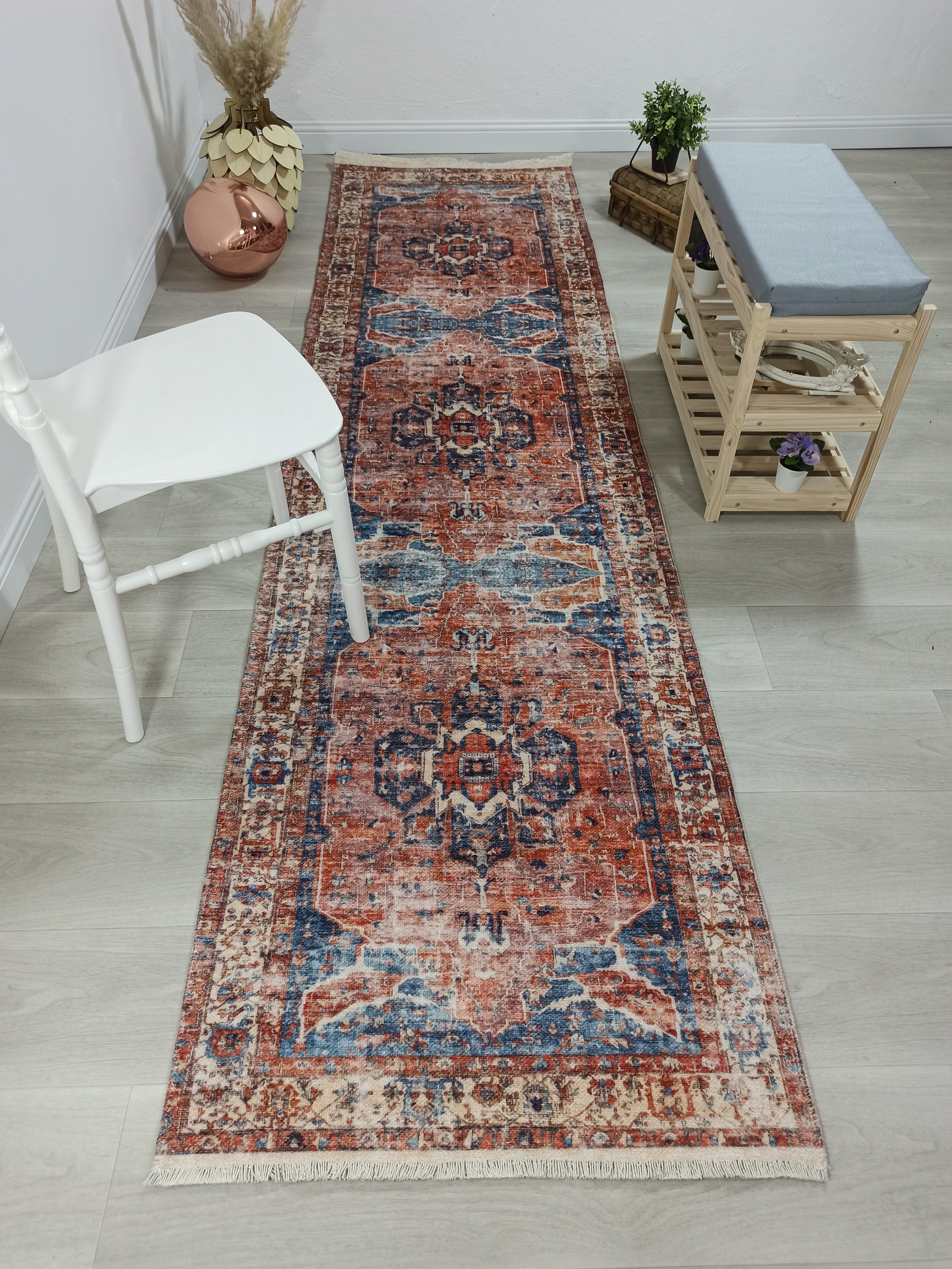 Sema Turkish Vintage Medallion Style Orange Navy Blue Rug