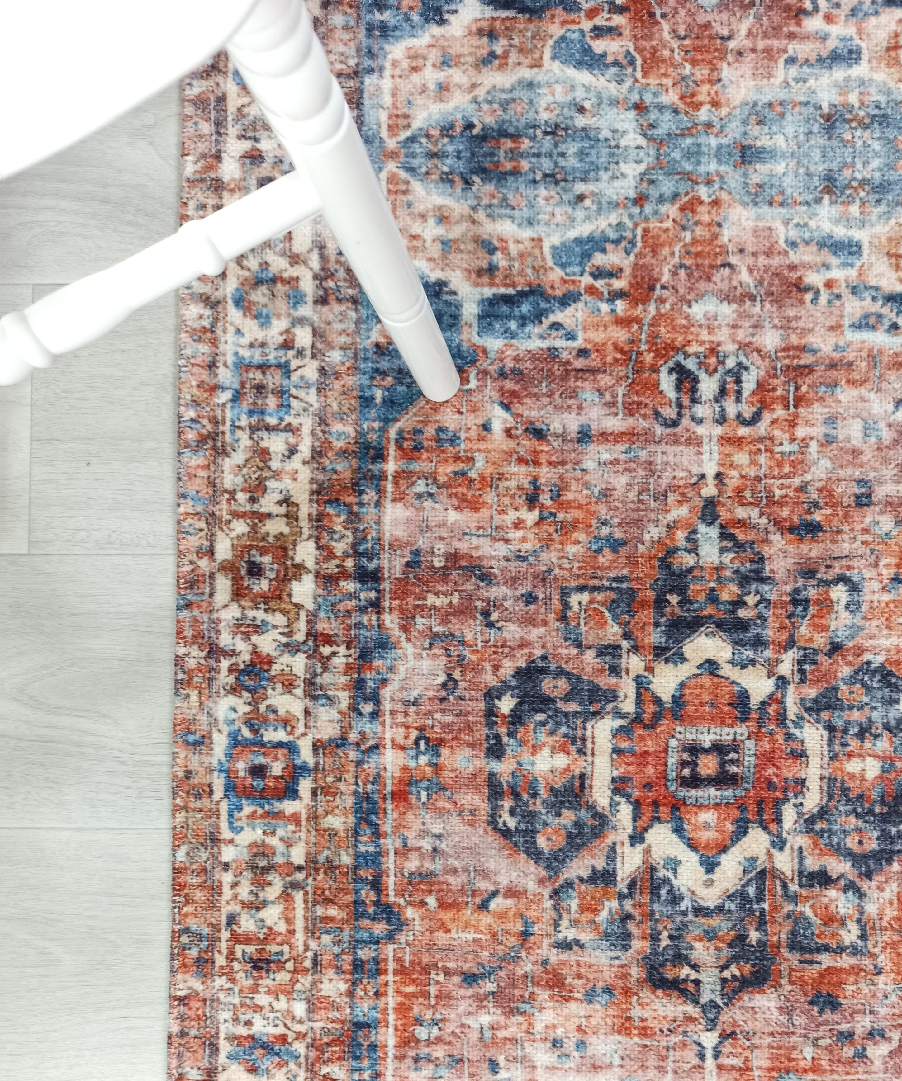 Sema Turkish Vintage Medallion Style Orange Navy Blue Rug