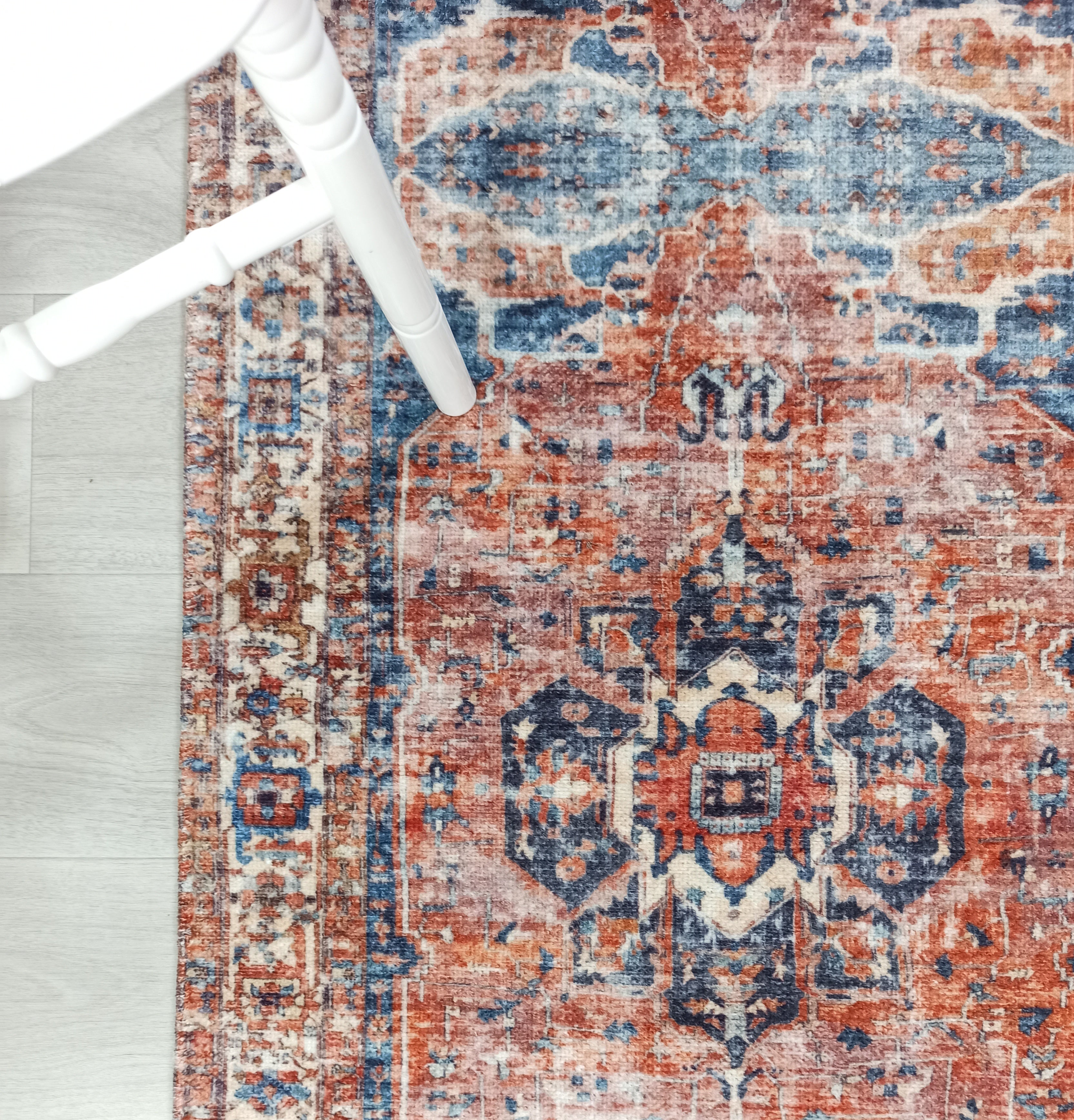 Sema Turkish Vintage Medallion Style Orange Navy Blue Rug