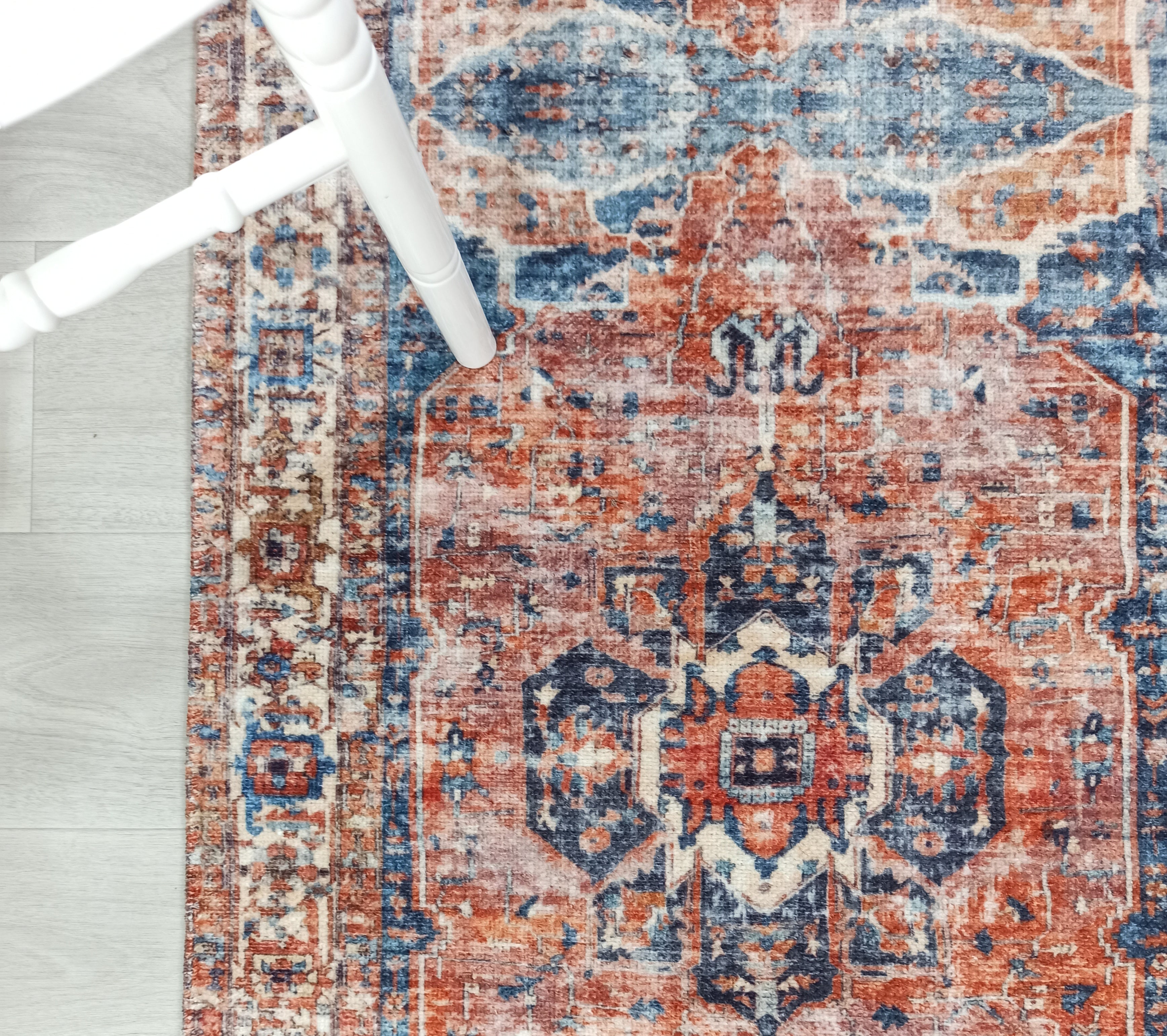 Sema Turkish Vintage Medallion Style Orange Navy Blue Rug