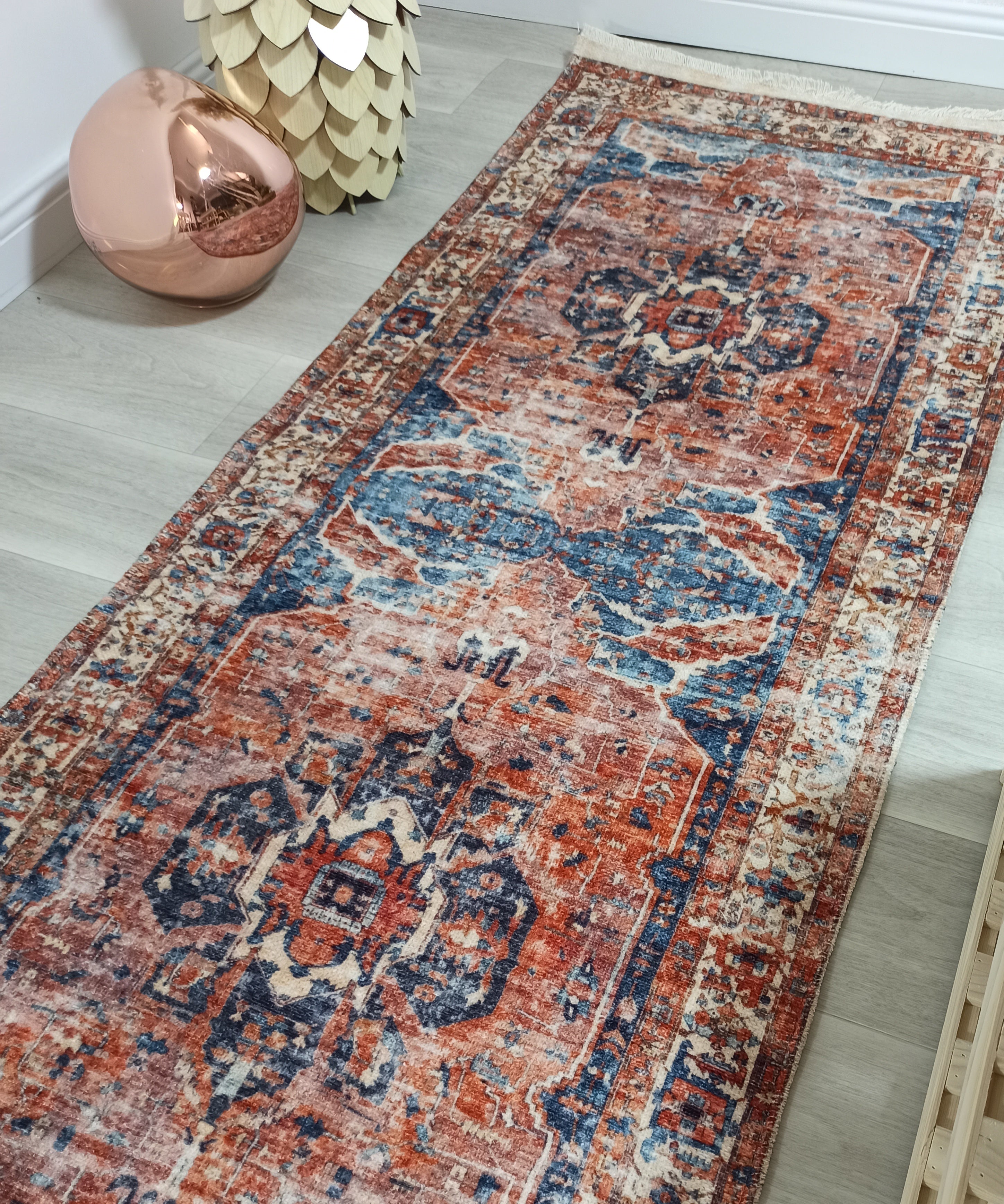 Sema Turkish Vintage Medallion Style Orange Navy Blue Rug