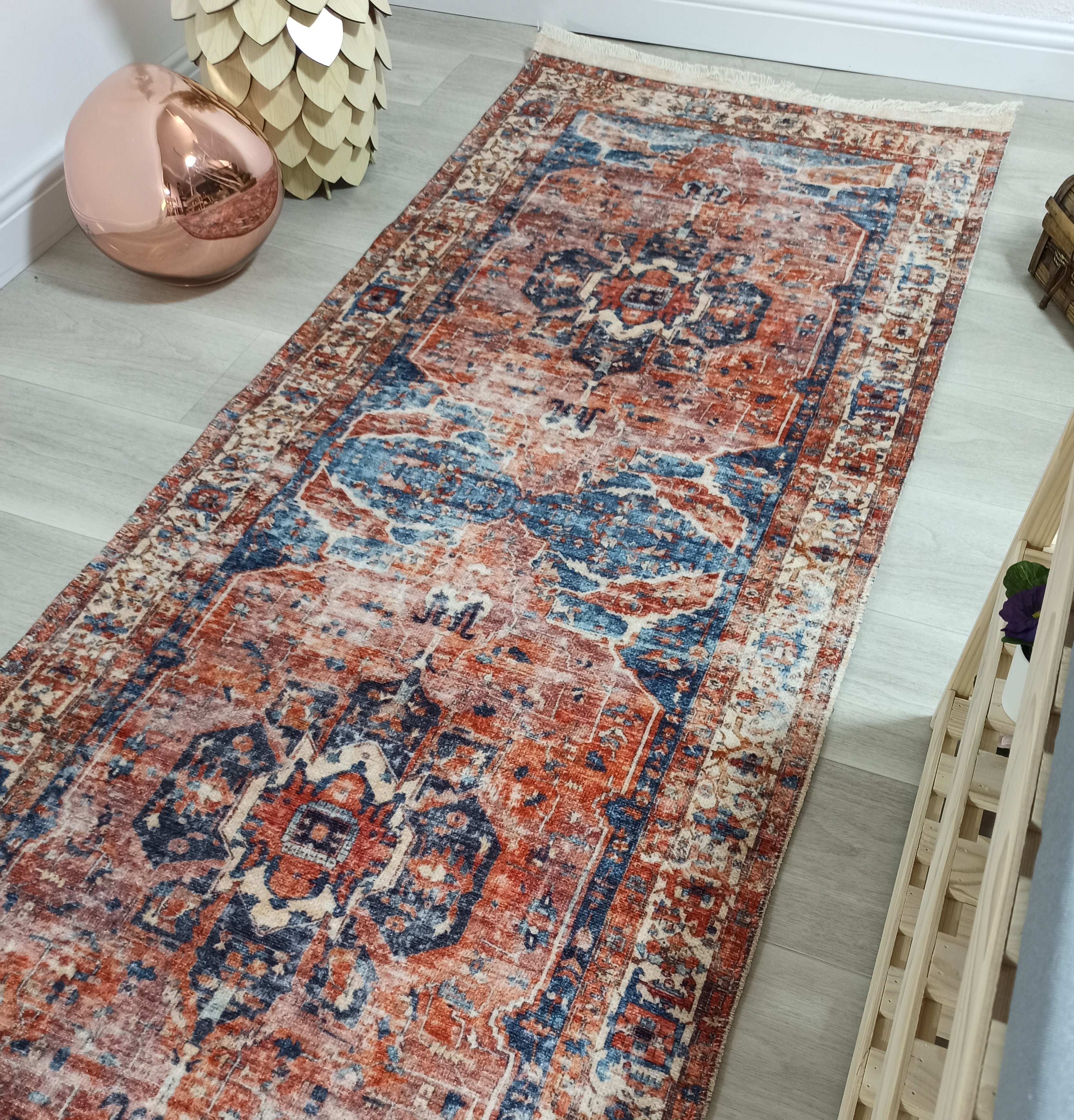 Sema Turkish Vintage Medallion Style Orange Navy Blue Rug