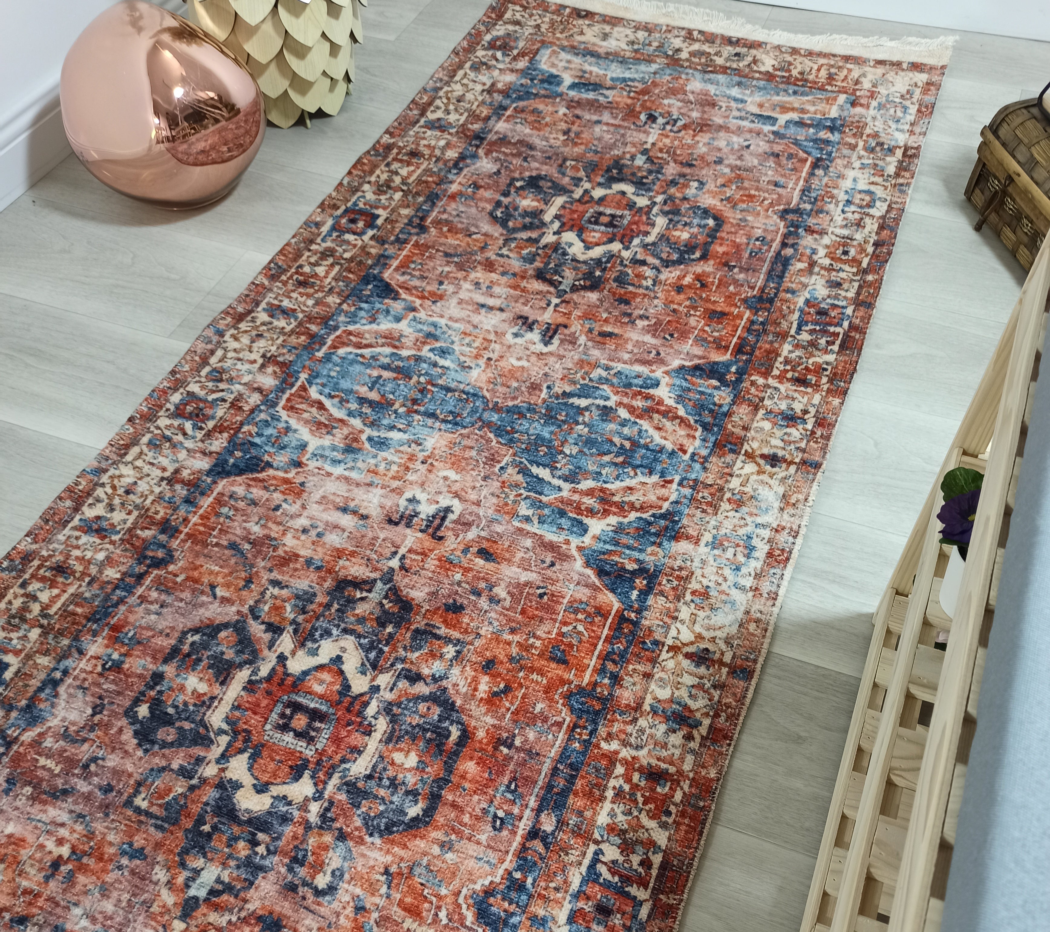 Sema Turkish Vintage Medallion Style Orange Navy Blue Rug