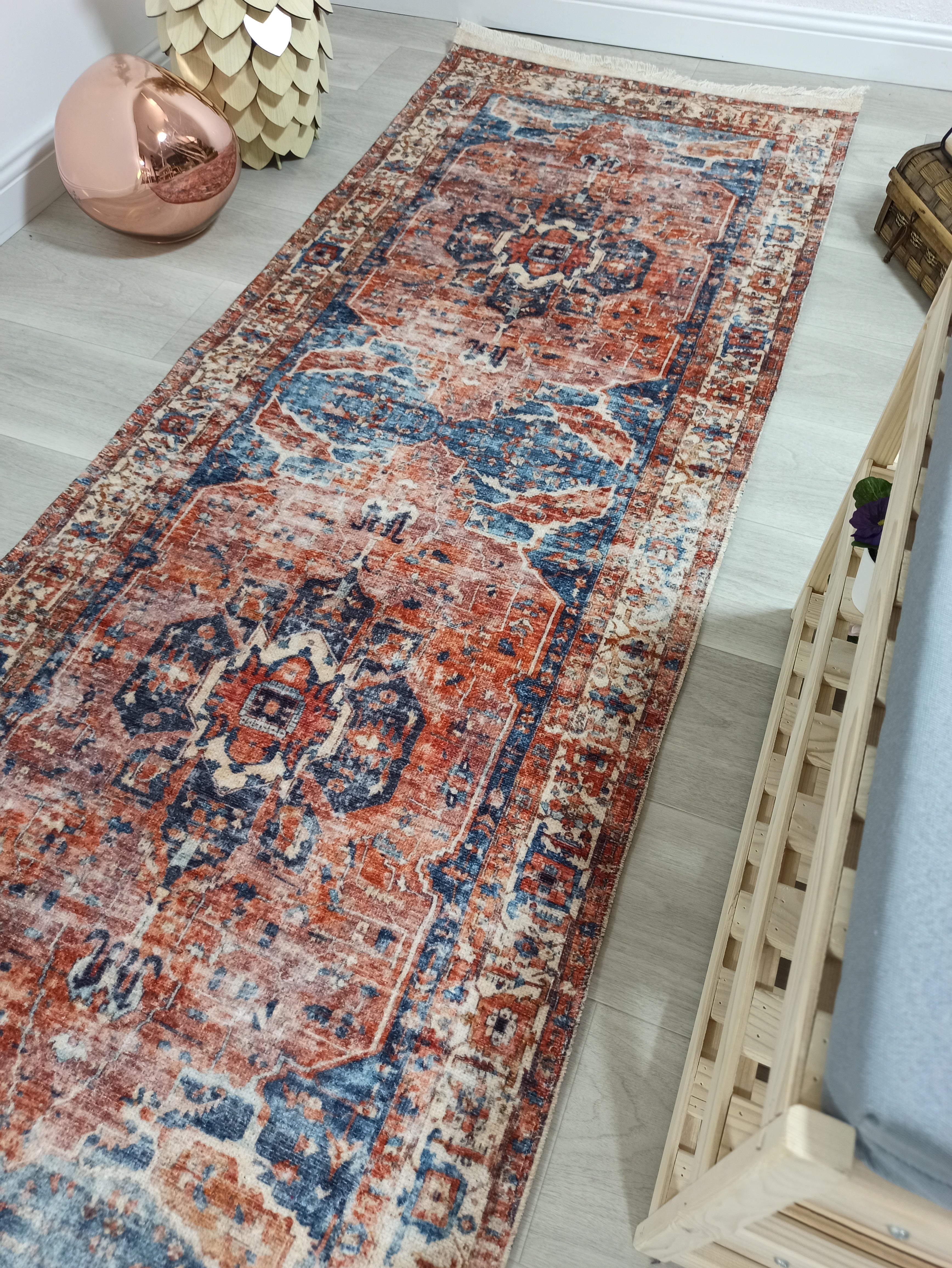 Sema Turkish Vintage Medallion Style Orange Navy Blue Rug