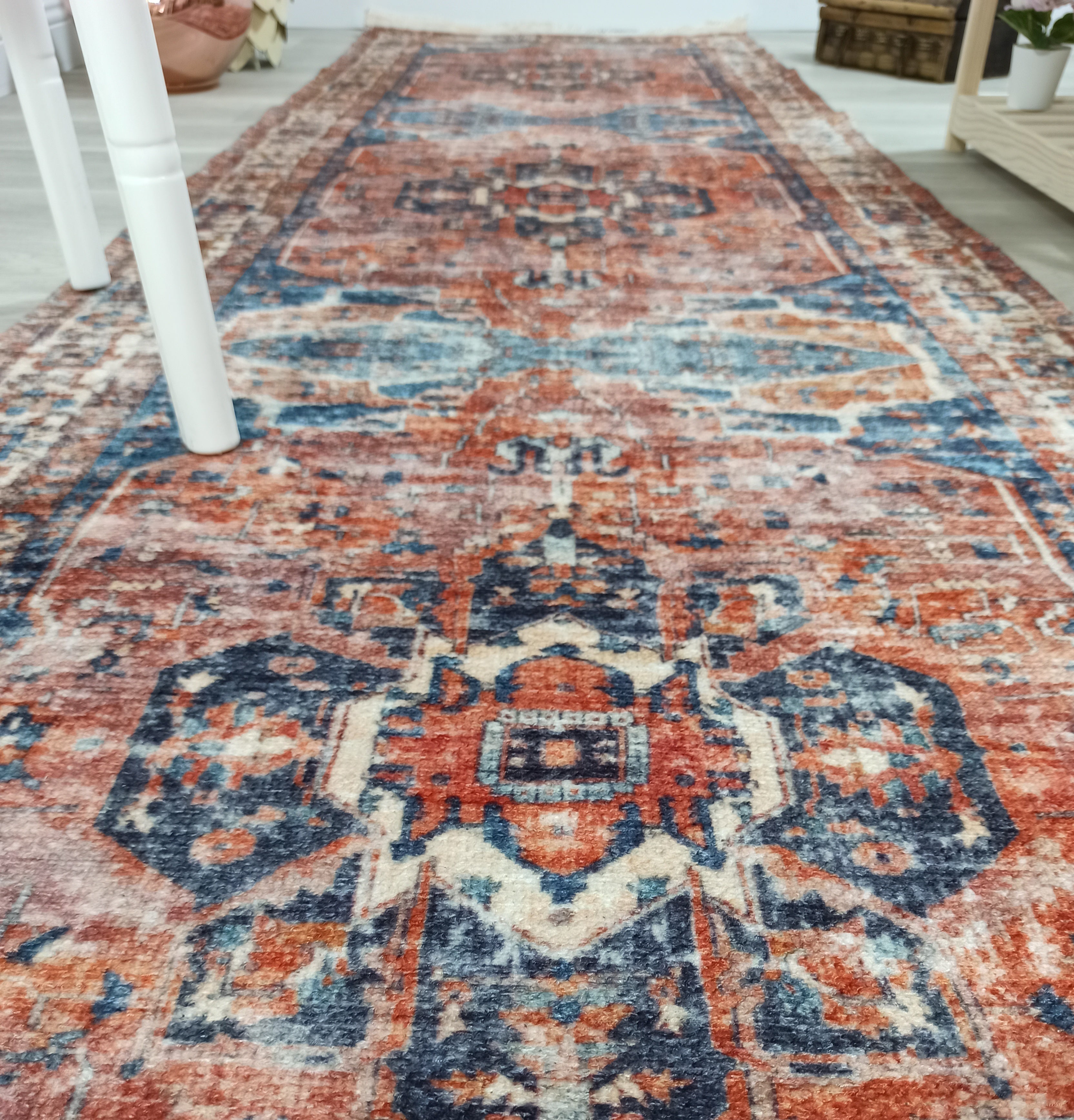 Sema Turkish Vintage Medallion Style Orange Navy Blue Rug