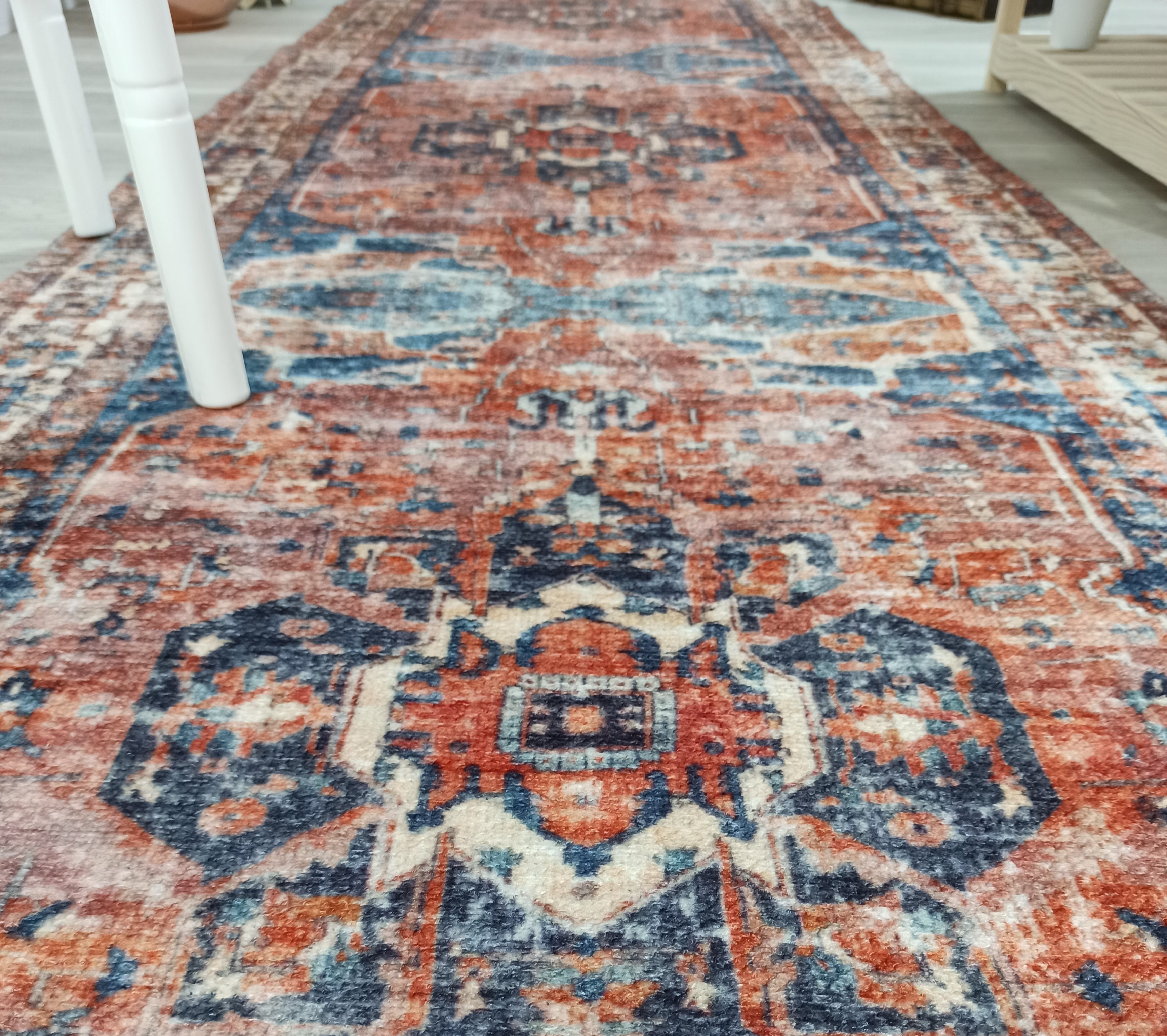 Sema Turkish Vintage Medallion Style Orange Navy Blue Rug