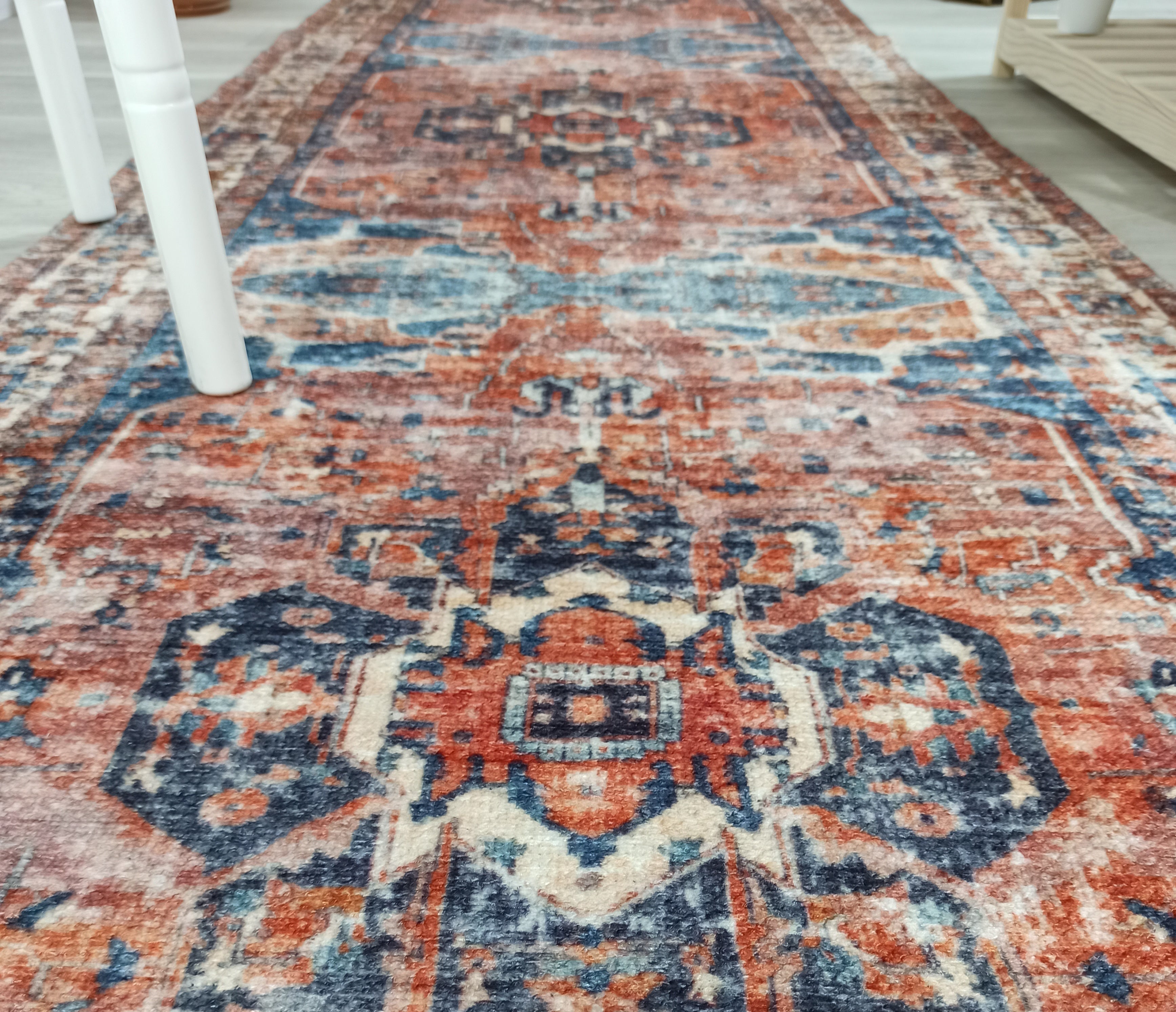 Sema Turkish Vintage Medallion Style Orange Navy Blue Rug