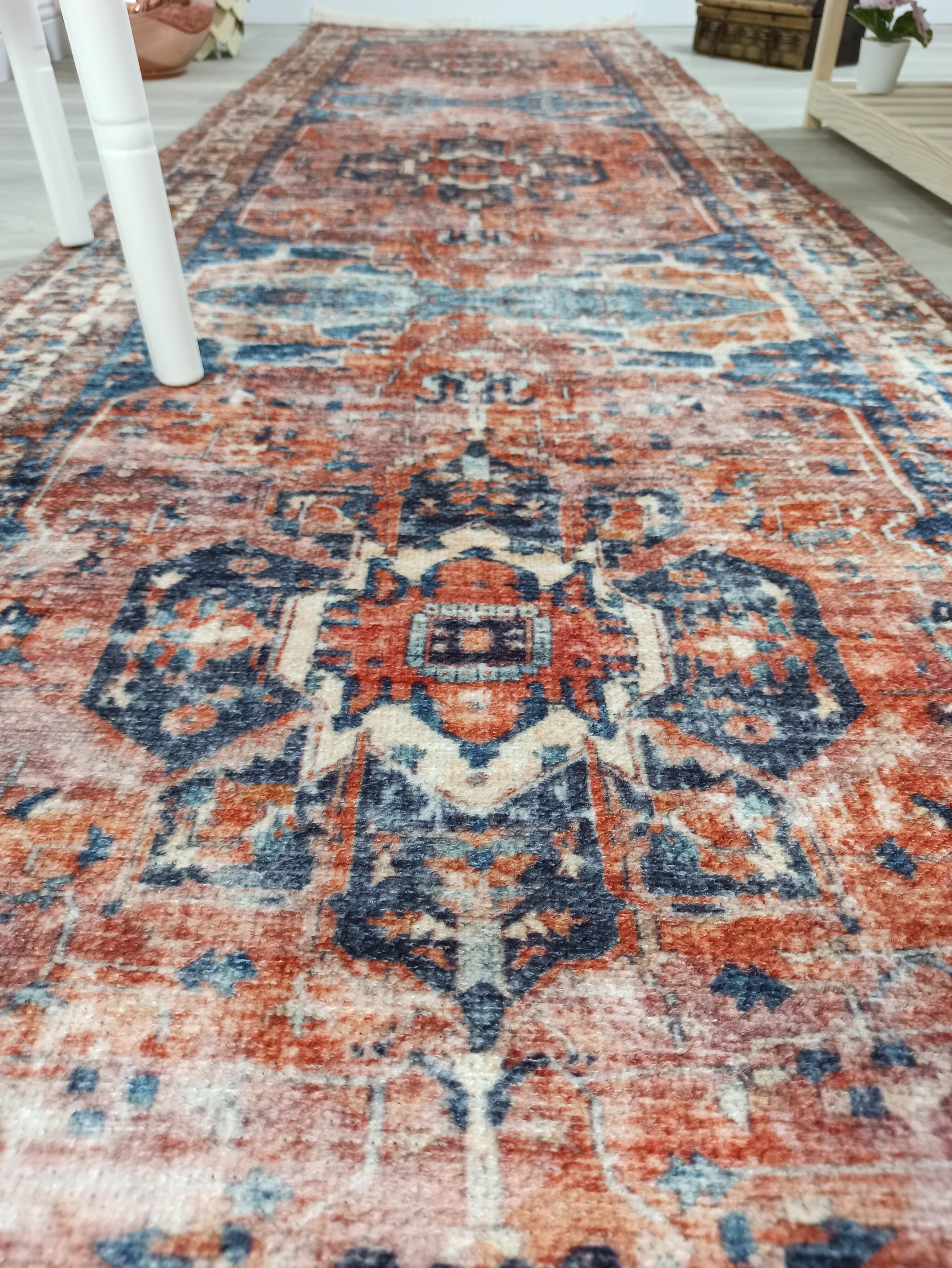 Sema Turkish Vintage Medallion Style Orange Navy Blue Rug