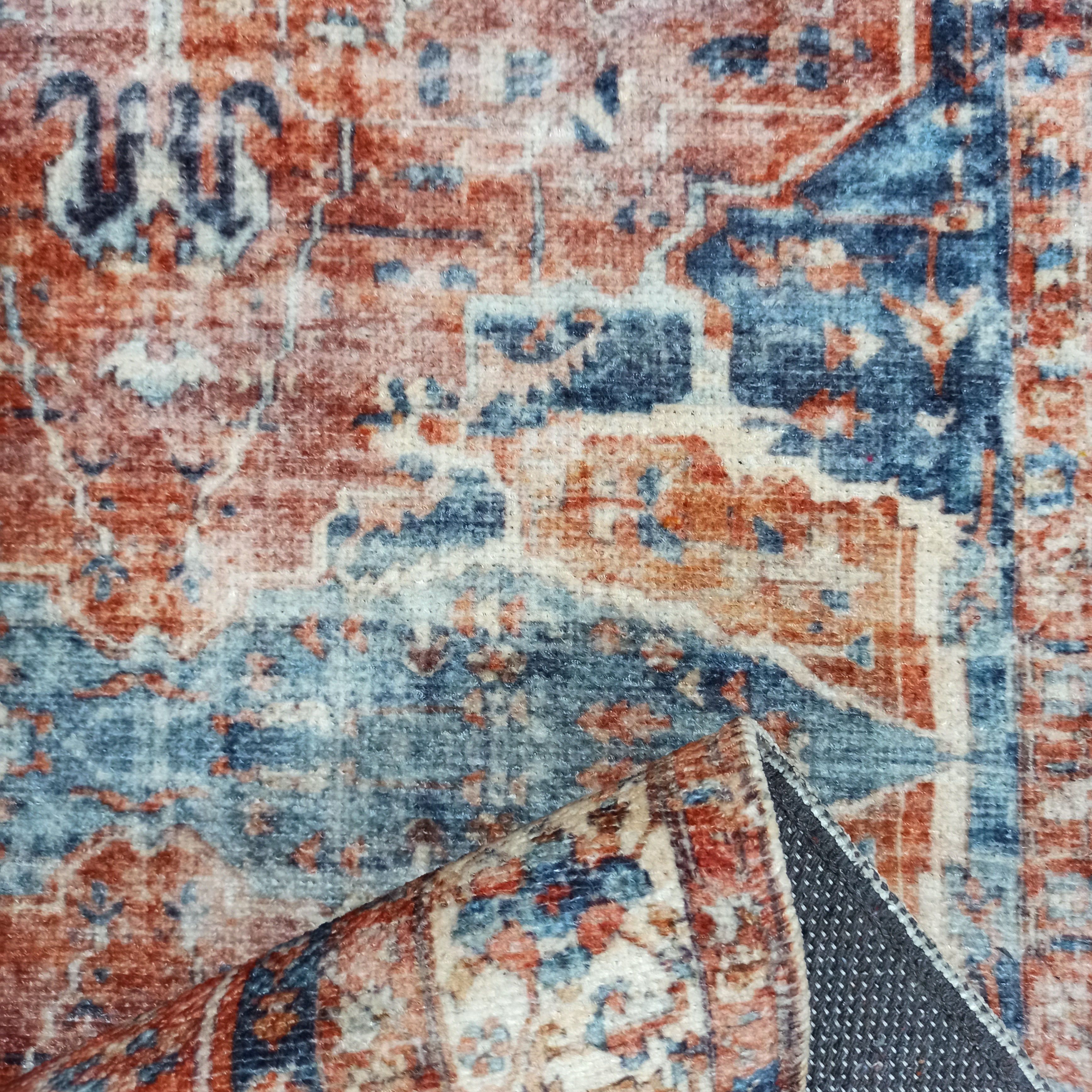 Sema Turkish Vintage Medallion Style Orange Navy Blue Rug