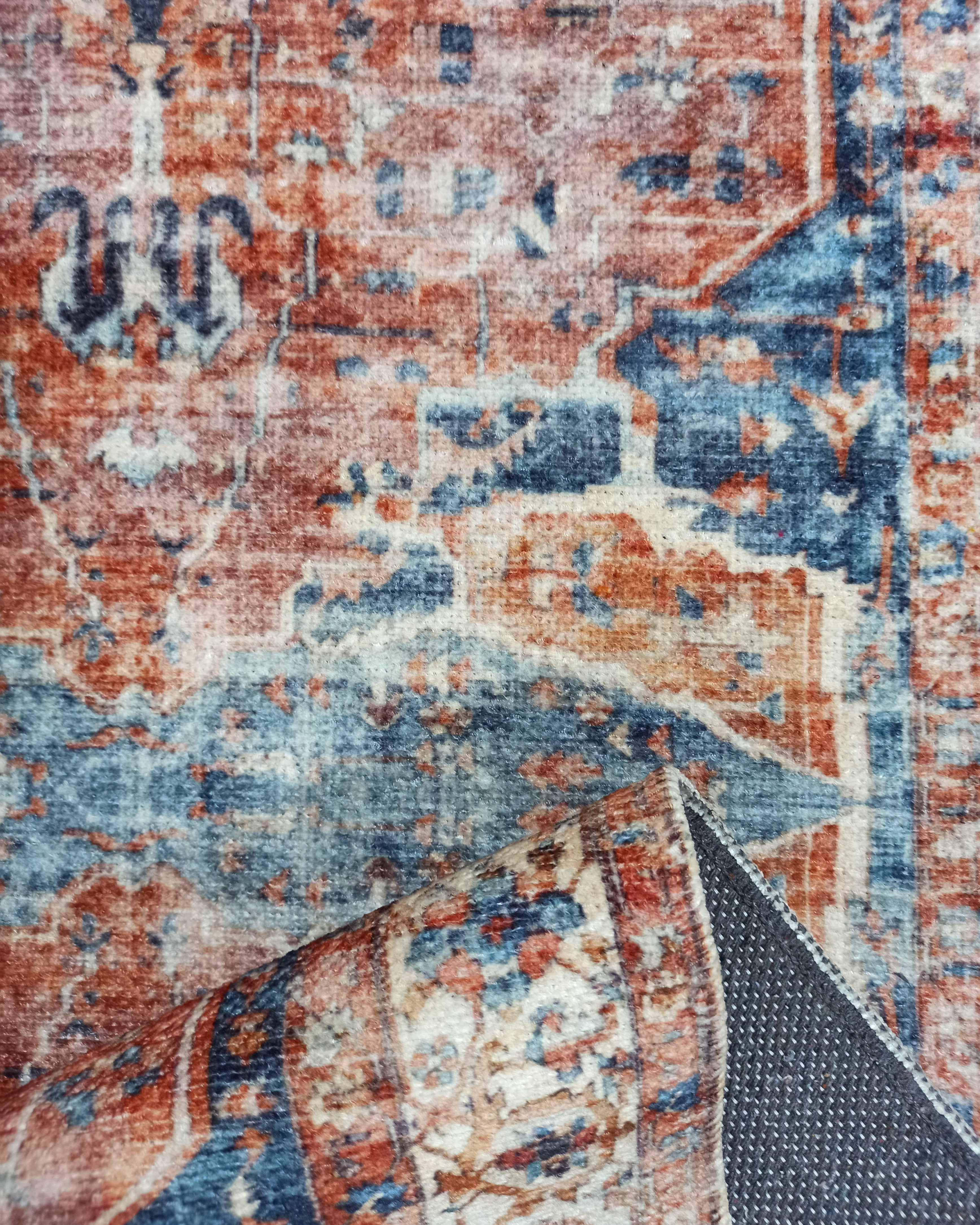 Sema Turkish Vintage Medallion Style Orange Navy Blue Rug