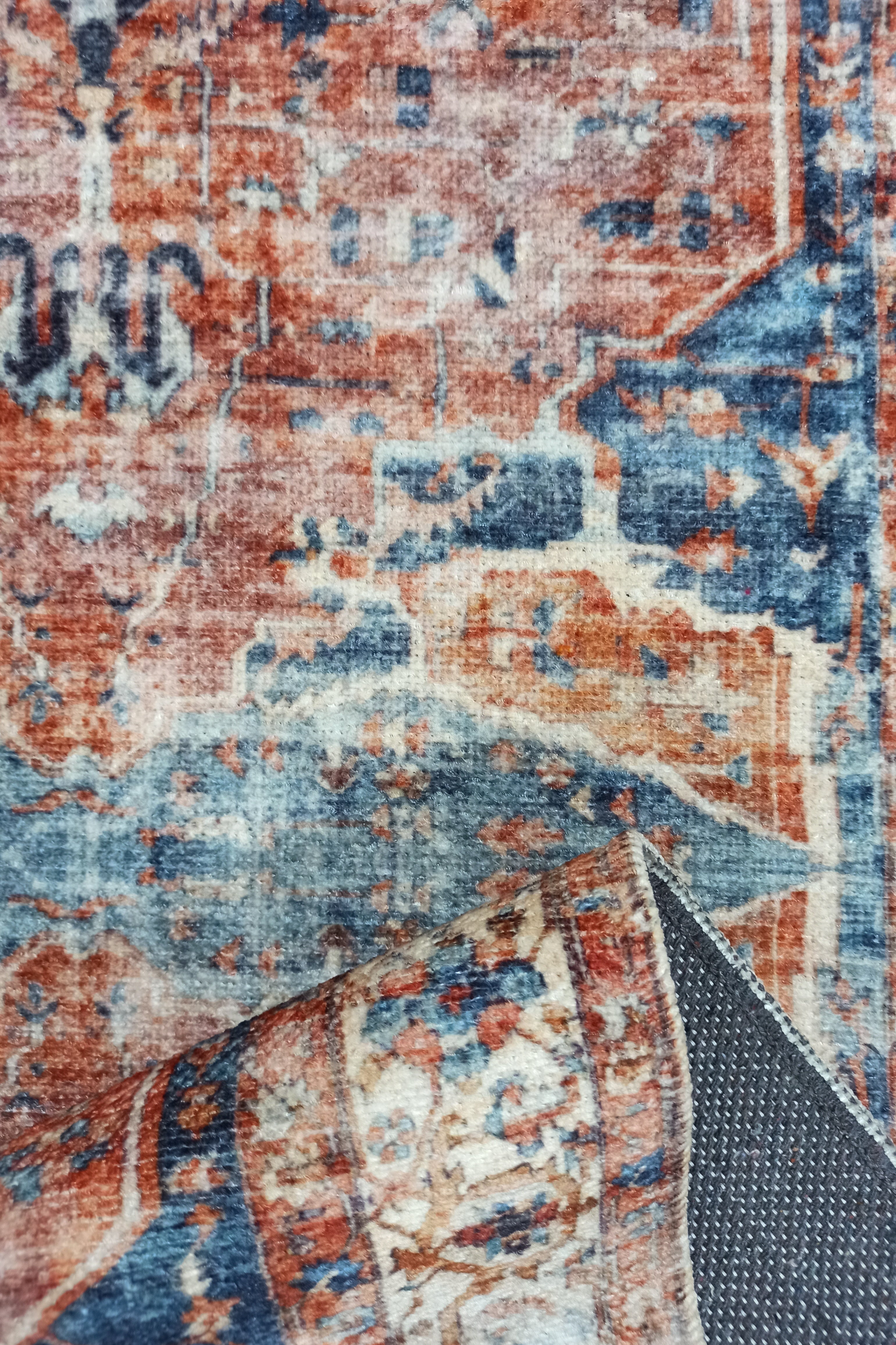 Sema Turkish Vintage Medallion Style Orange Navy Blue Rug