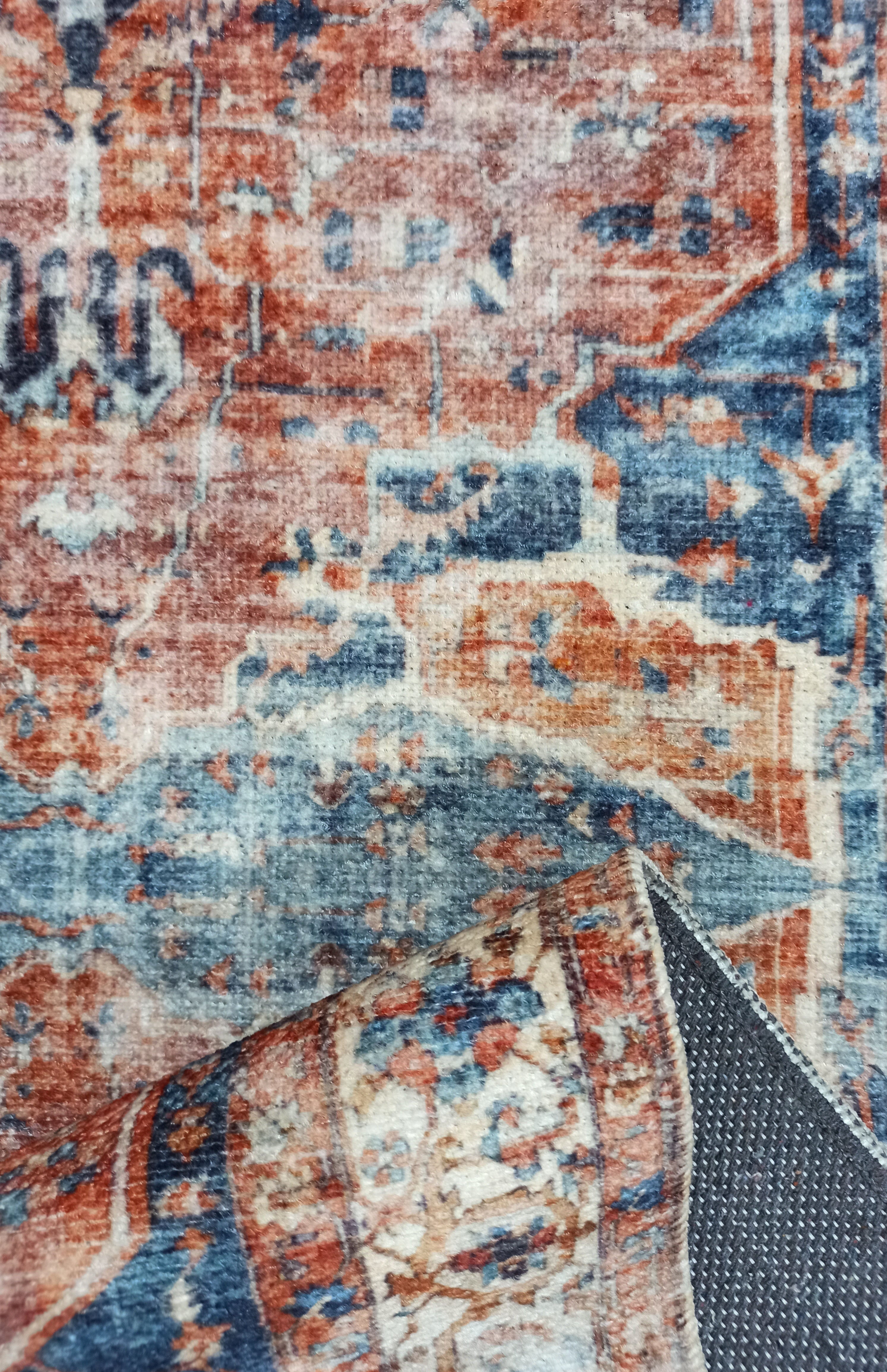 Sema Turkish Vintage Medallion Style Orange Navy Blue Rug