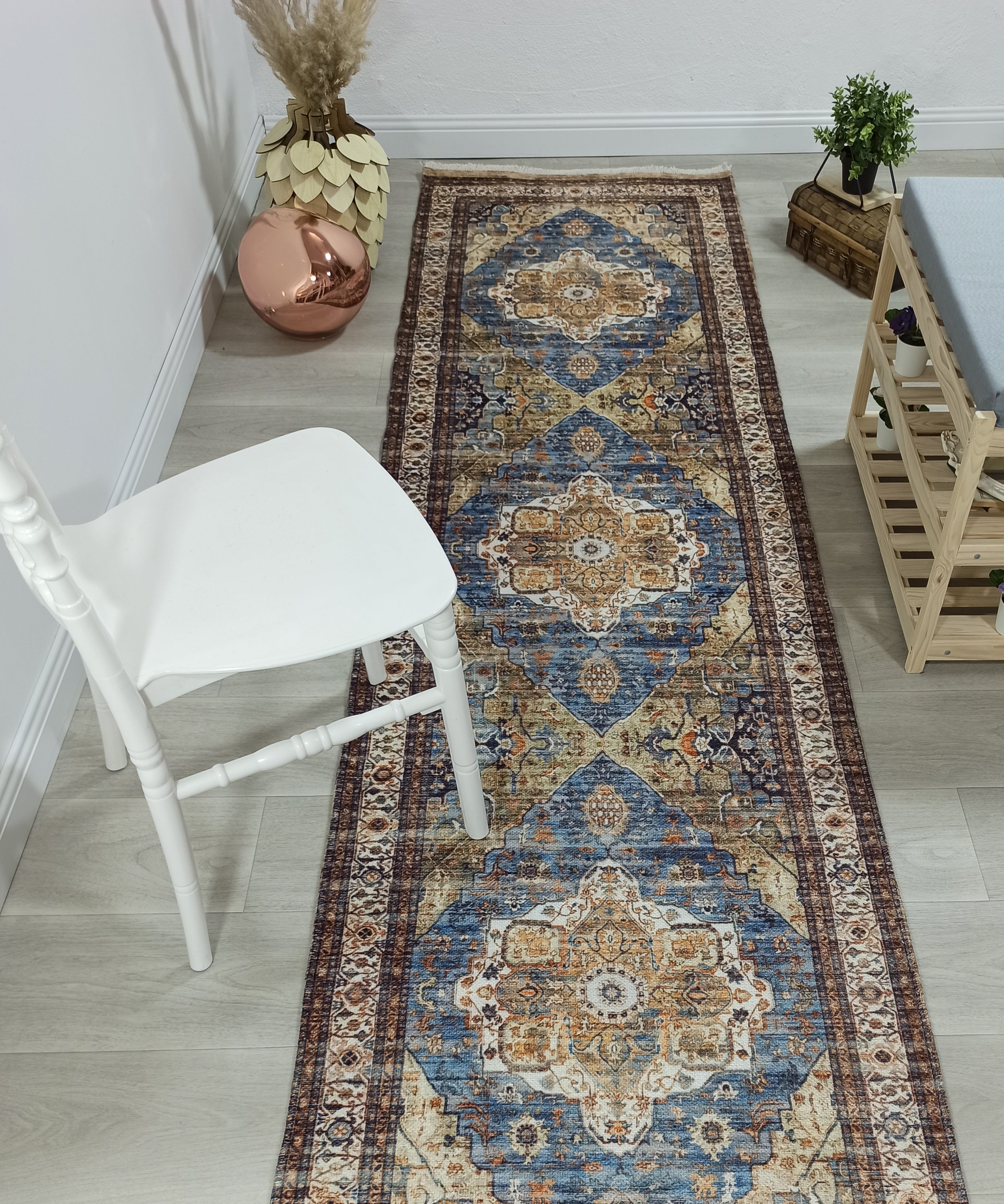 Nuran Turkish Vintage Medallion Style Brown Navy Blue Rug