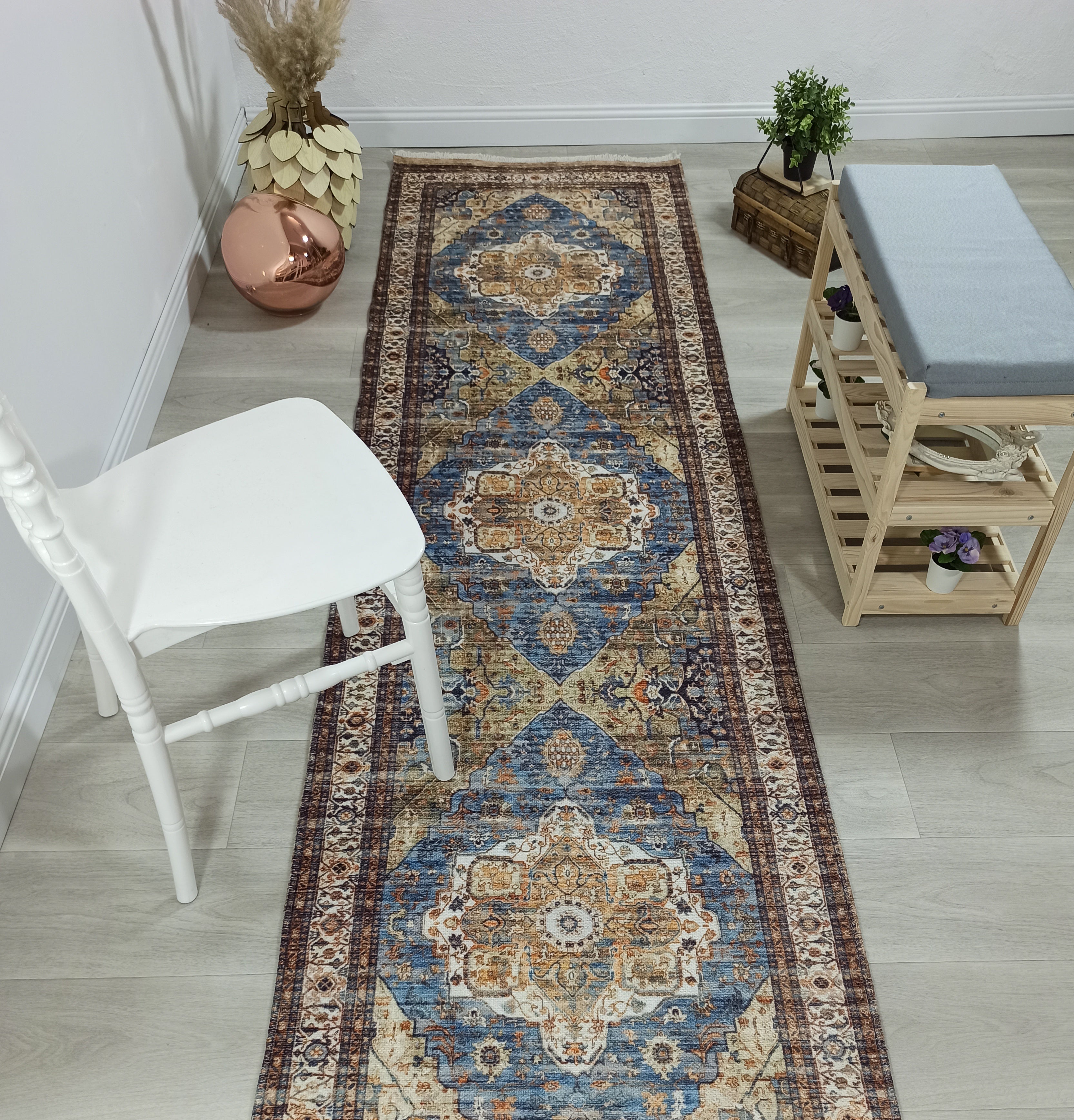 Nuran Turkish Vintage Medallion Style Brown Navy Blue Rug