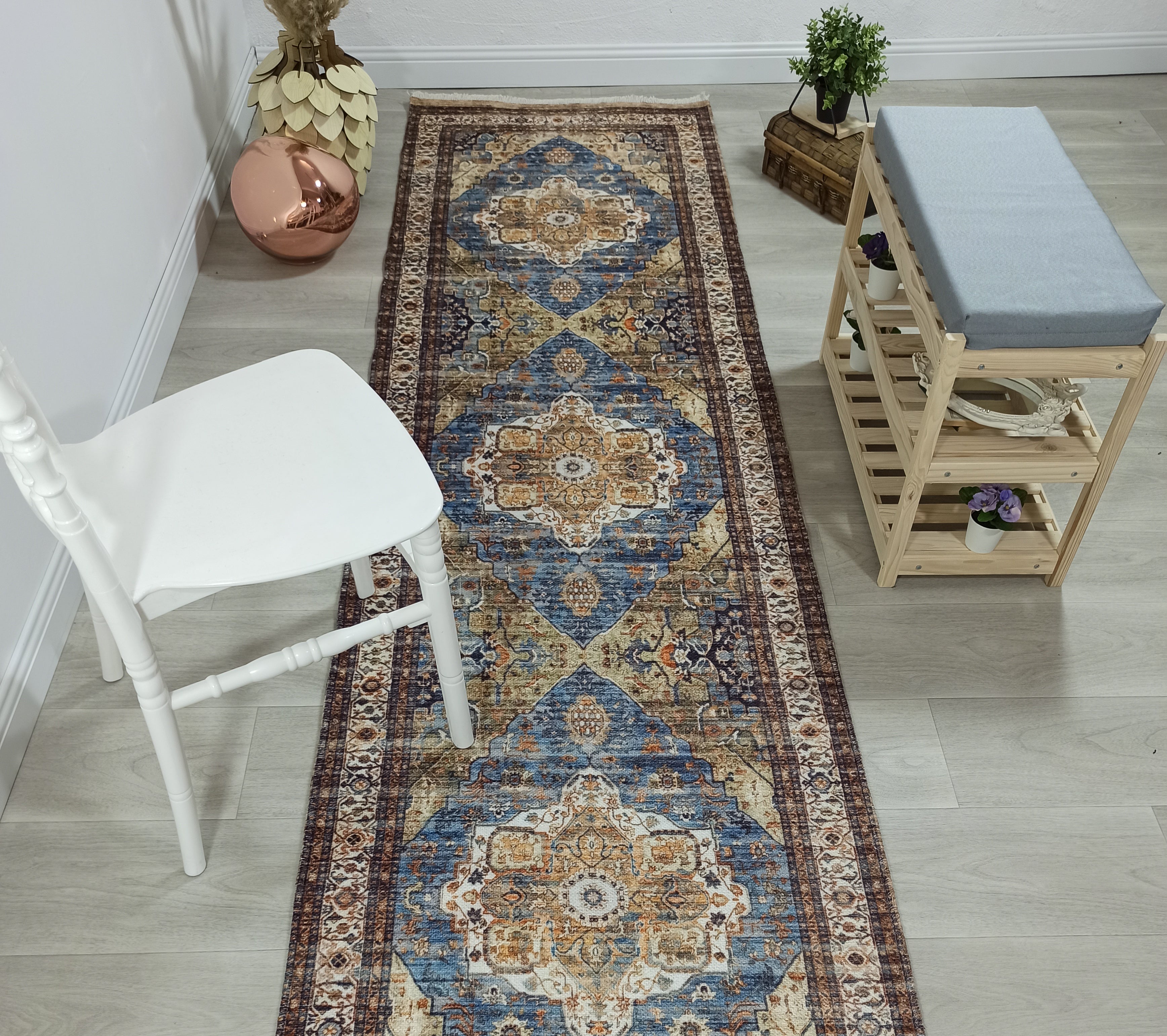 Nuran Turkish Vintage Medallion Style Brown Navy Blue Rug