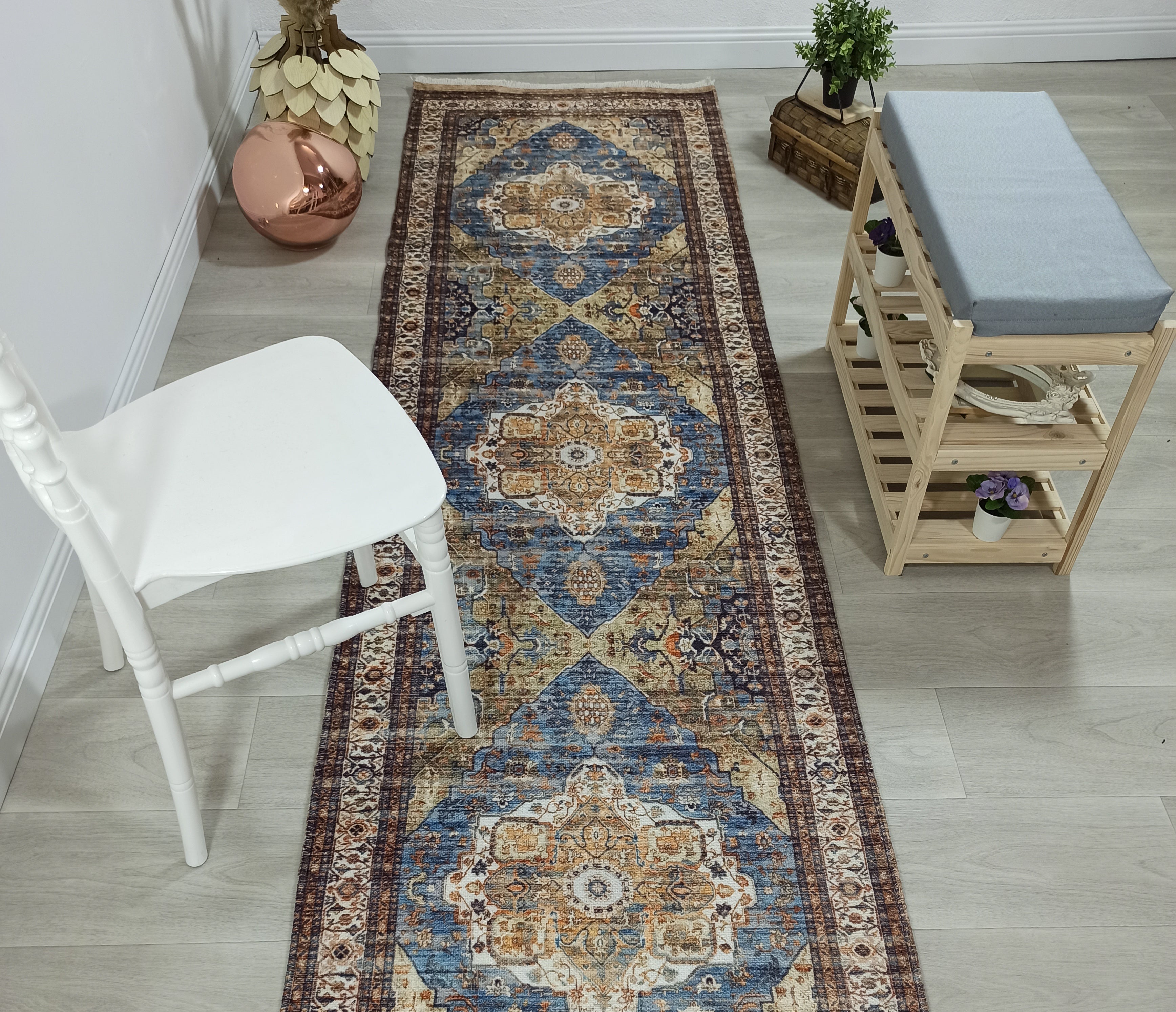 Nuran Turkish Vintage Medallion Style Brown Navy Blue Rug