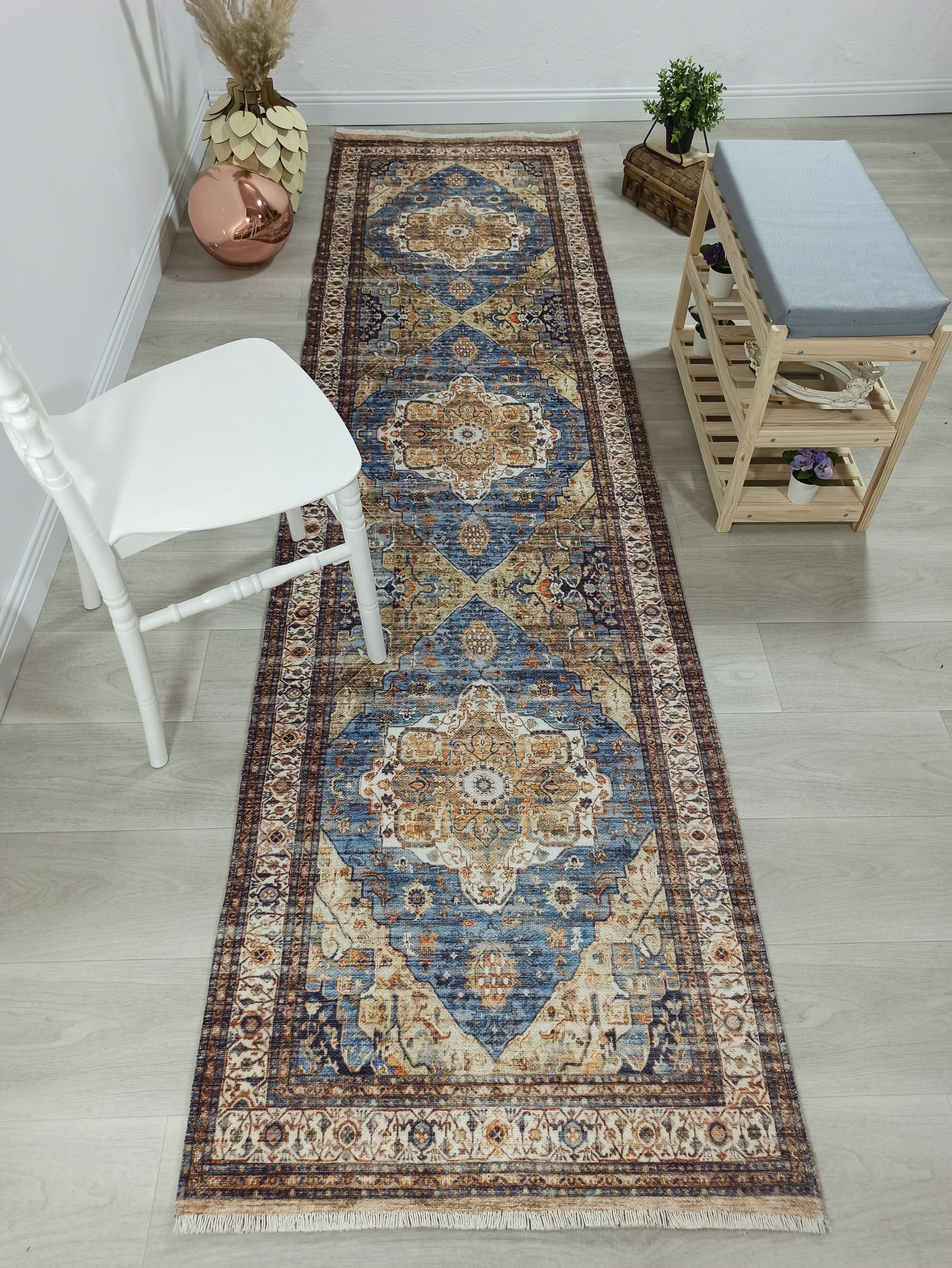 Nuran Turkish Vintage Medallion Style Brown Navy Blue Rug